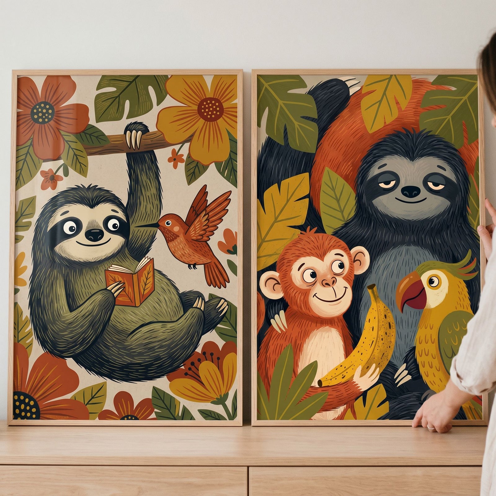 Warm botanical sloth wall art set of 2 featuring a sloth reading, a monkey holding a banana, and jungle birds.