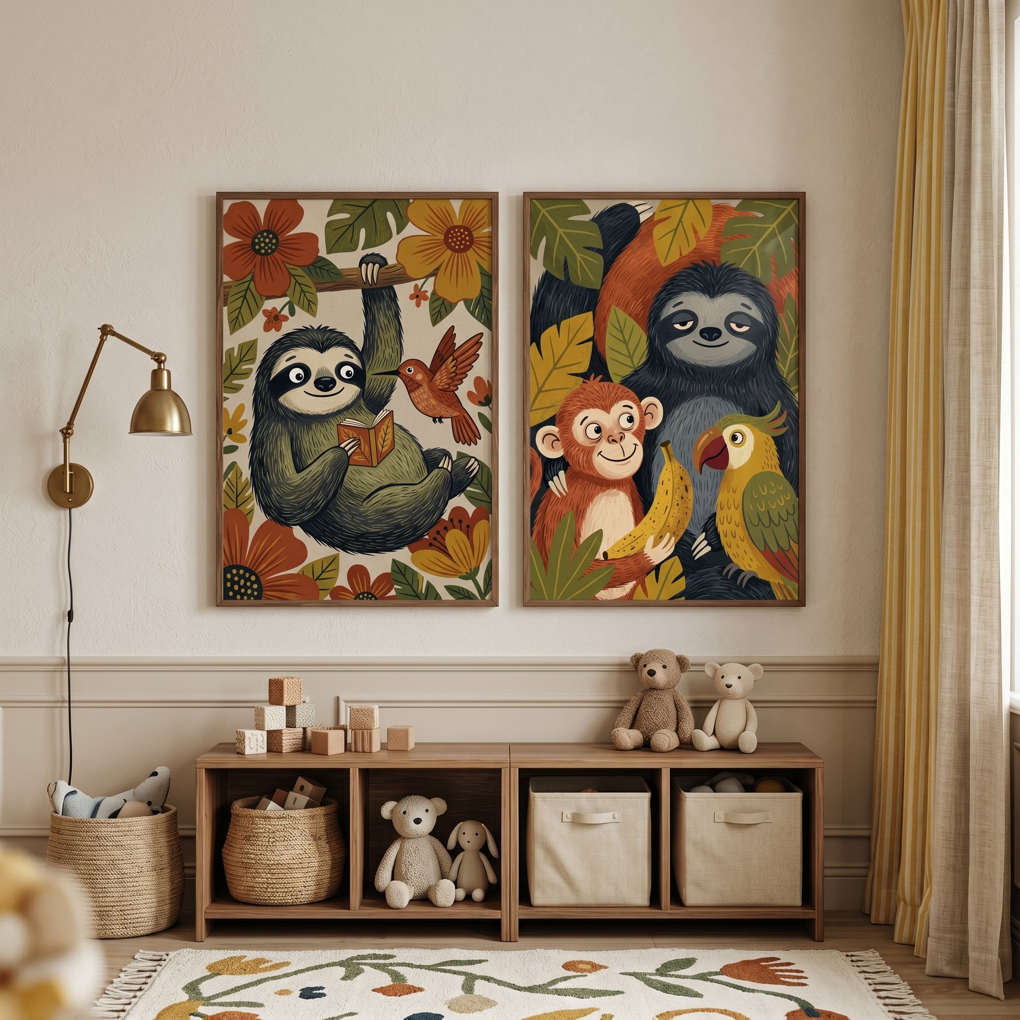 Warm Botanical Sloth Wall Art Set Of 2 - Jungle Story Time