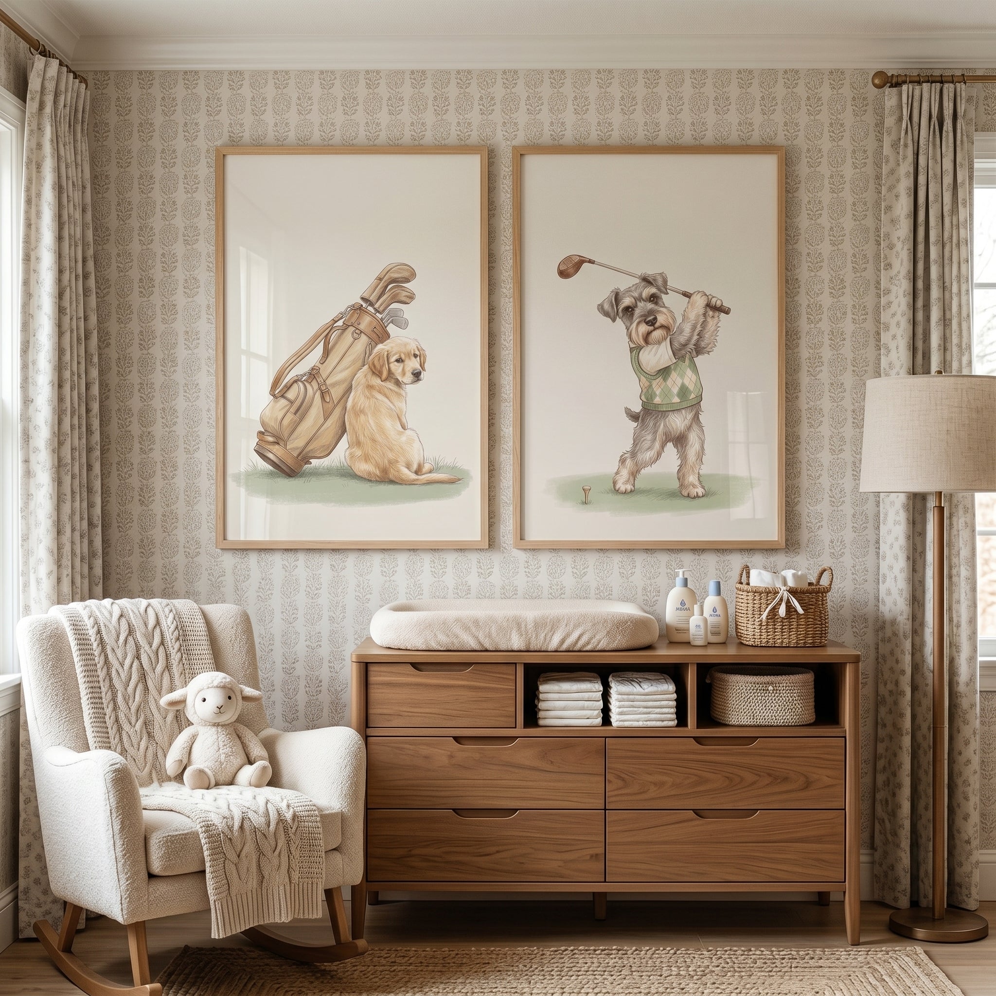 Warm Cream Golfing Dogs Wall Art Set of 2 - Canine Golf Club