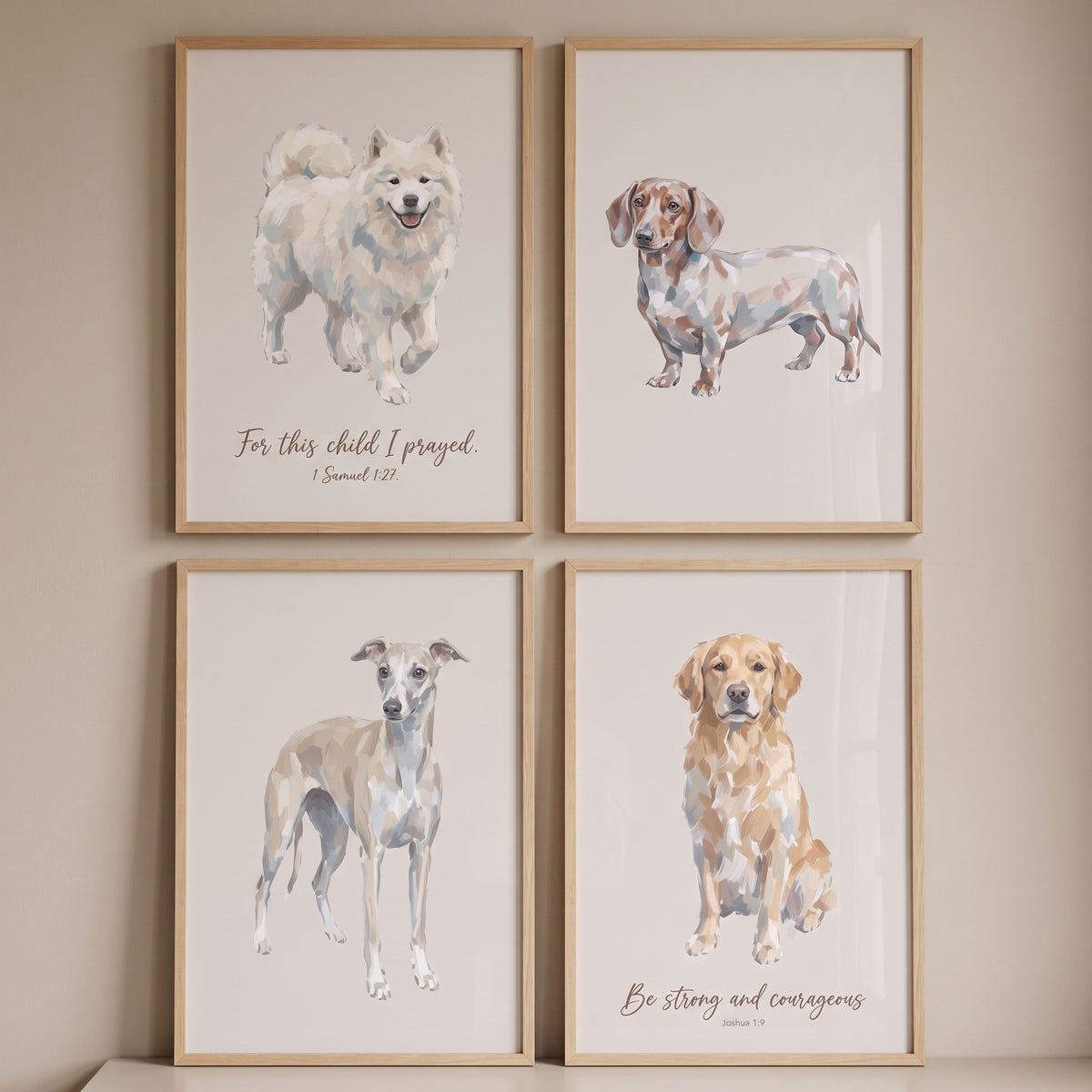 Warm earth tone dogs wall art set of 4 featuring various breeds and inspirational scripture verses in wooden frames.