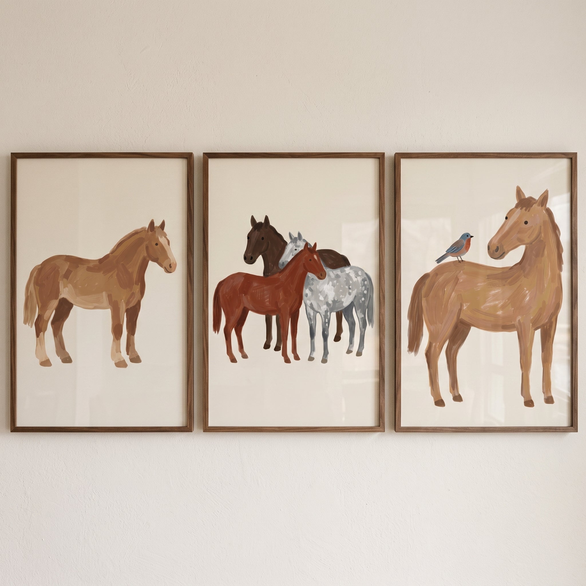 Warm Earth Tone Horse Print Set of 3 - Rustic Horse Friends