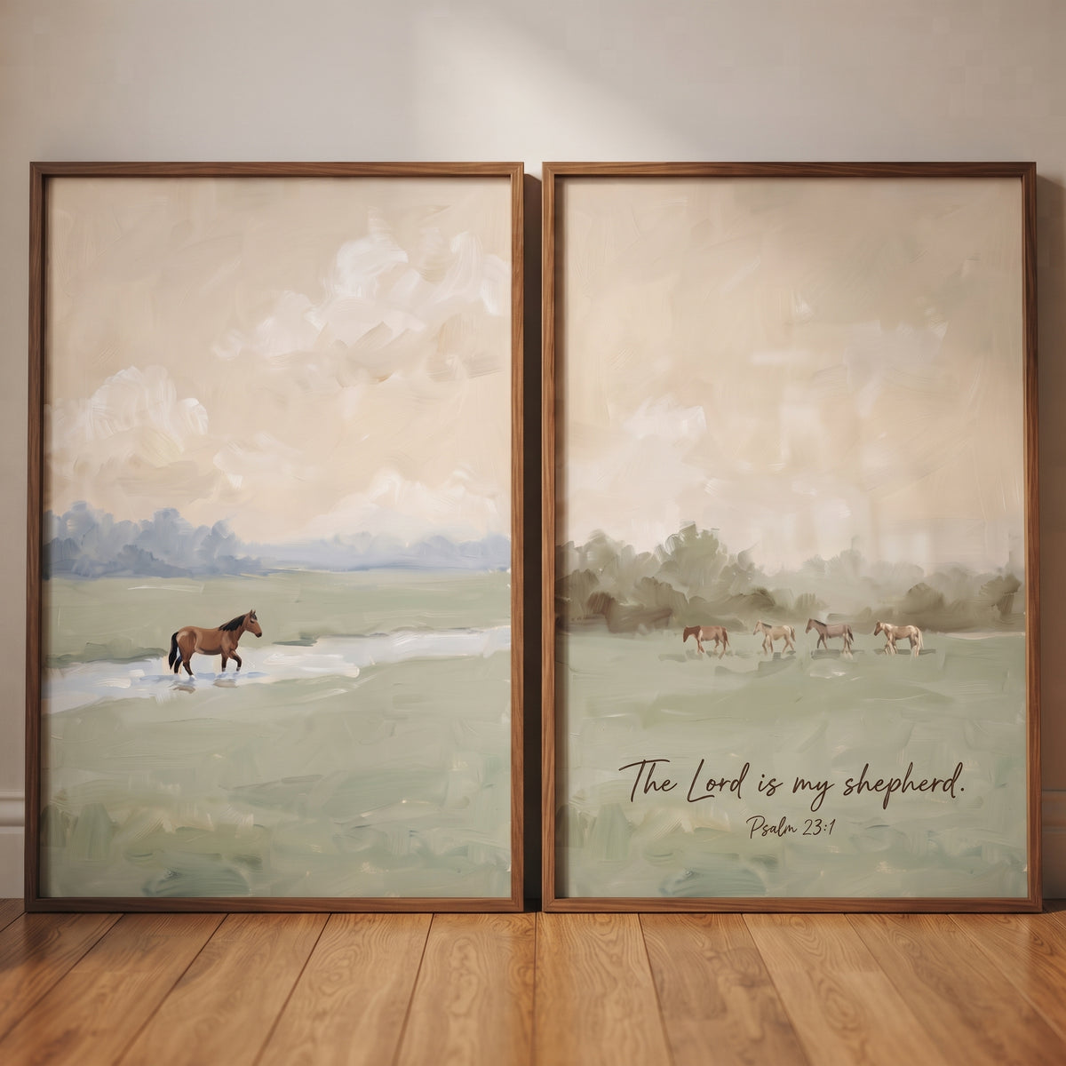 Warm Earth Tone Horse Wall Art Set of 2 - Serene Shepherd Fields