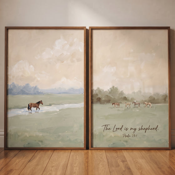 Warm earth tone horse wall art set of 2 with horses in a field and the scripture The Lord is my shepherd, Psalm 23:1.
