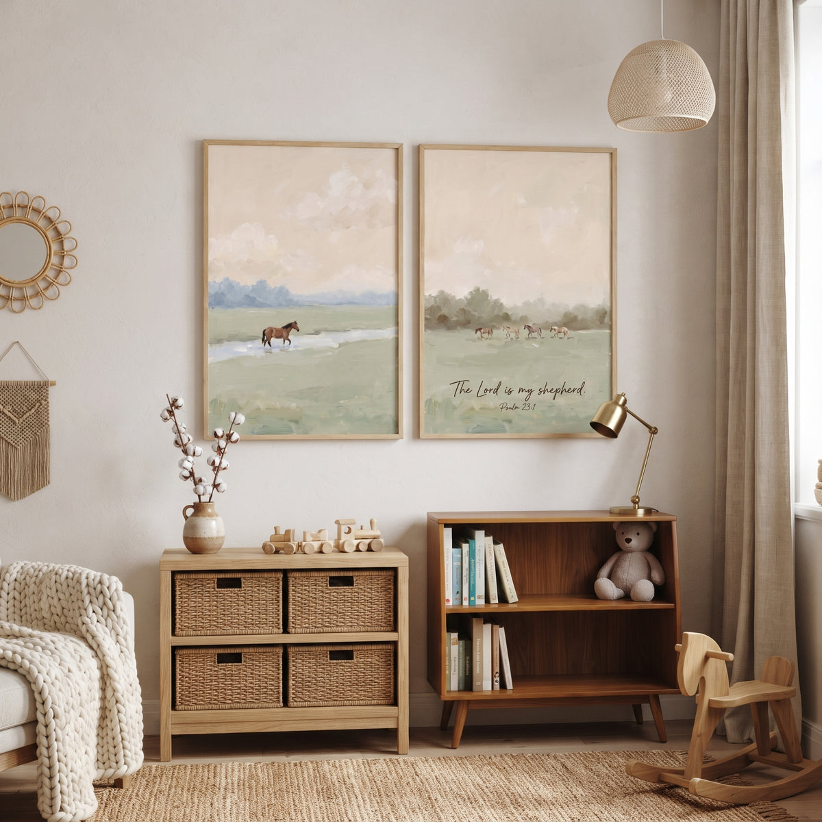 Warm Earth Tone Horse Wall Art Set of 2 - Serene Shepherd Fields