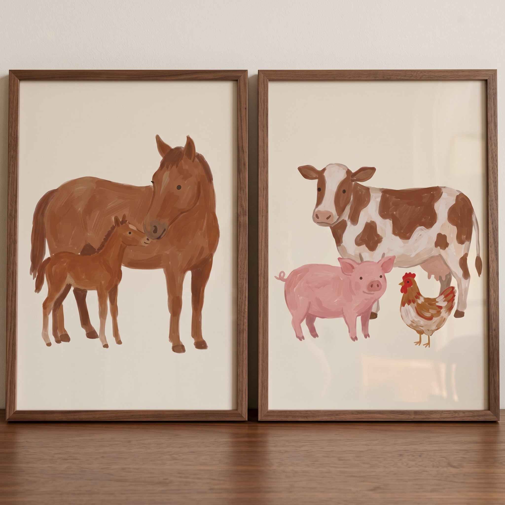 Warm Earthy Farm Animals Wall Art Set of 2 - Rustic Farm Friends