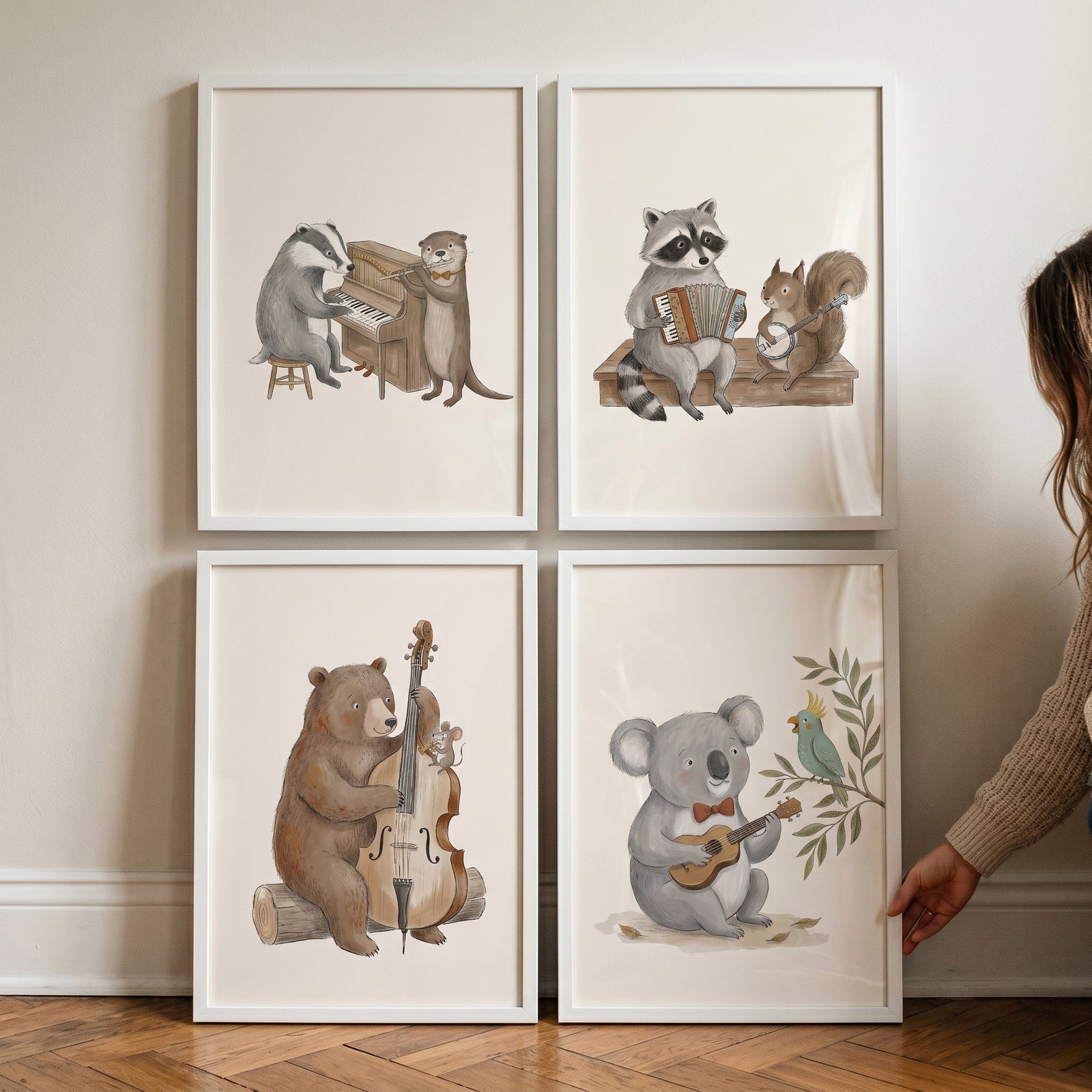 Warm earthy musical animal wall art set of 4 features whimsical creatures like a bear and koala playing instruments.