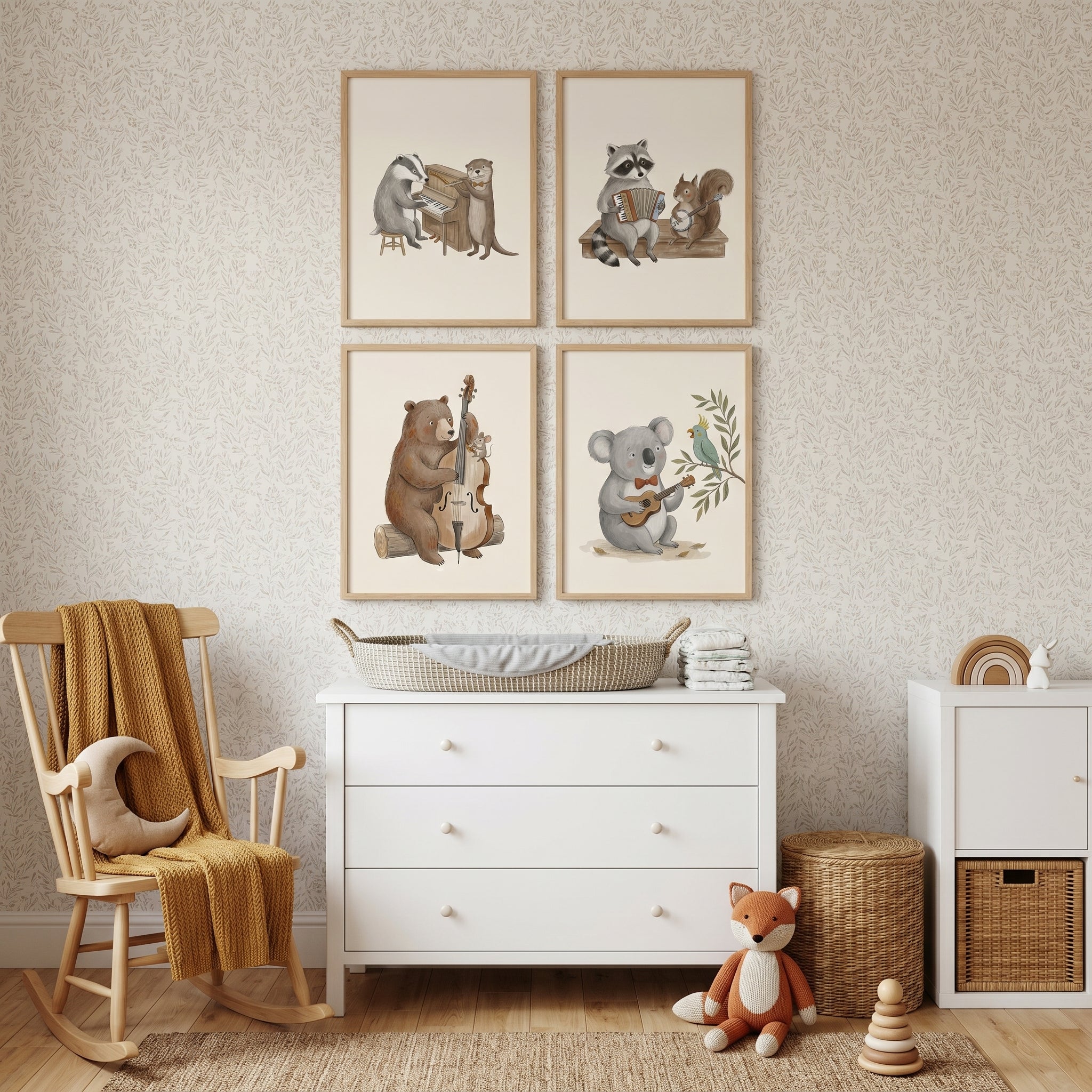 Warm Earthy Musical Animal Wall Art Set Of 4 - Nature's Tiny Orchestra