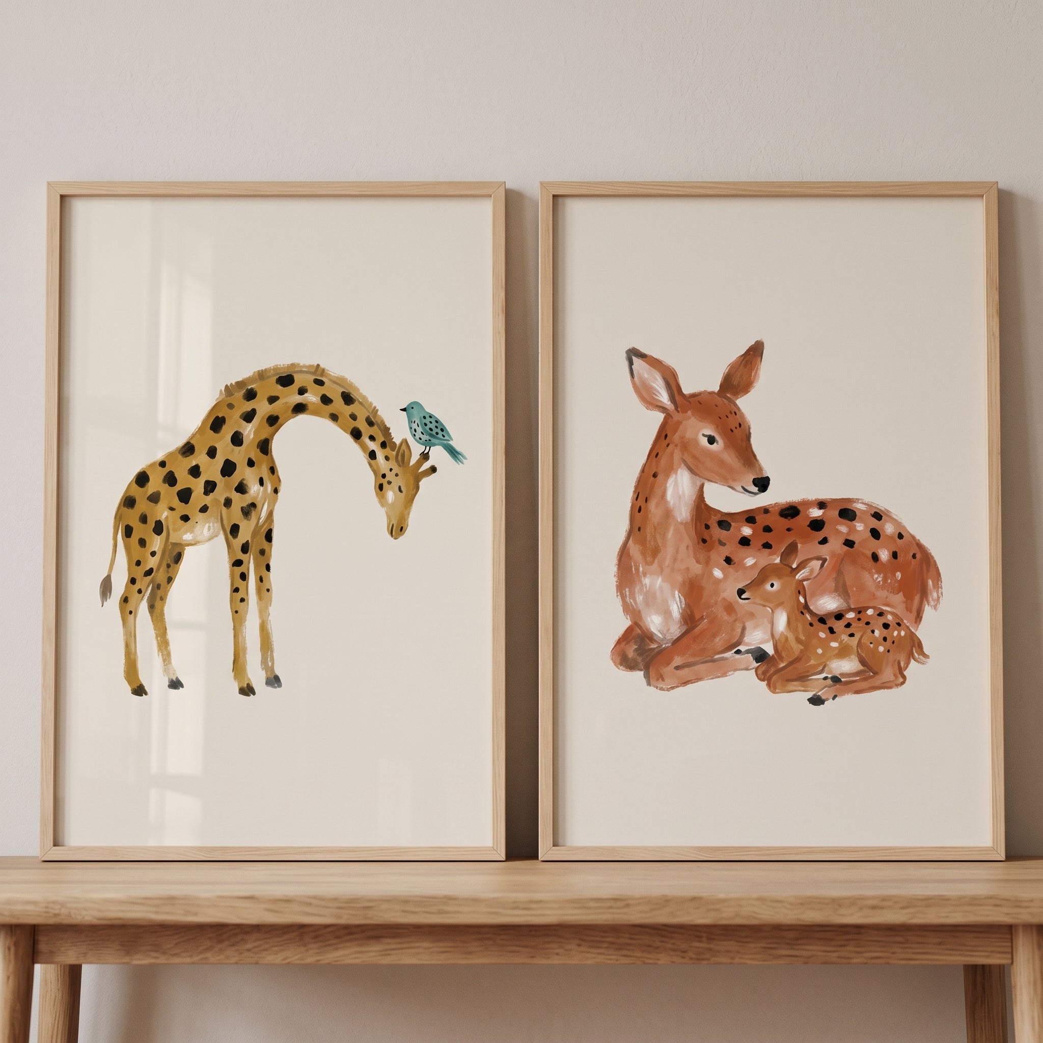 Warm Earthy Watercolor Animal Wall Art Set of 2 - Sweet Nature Duo