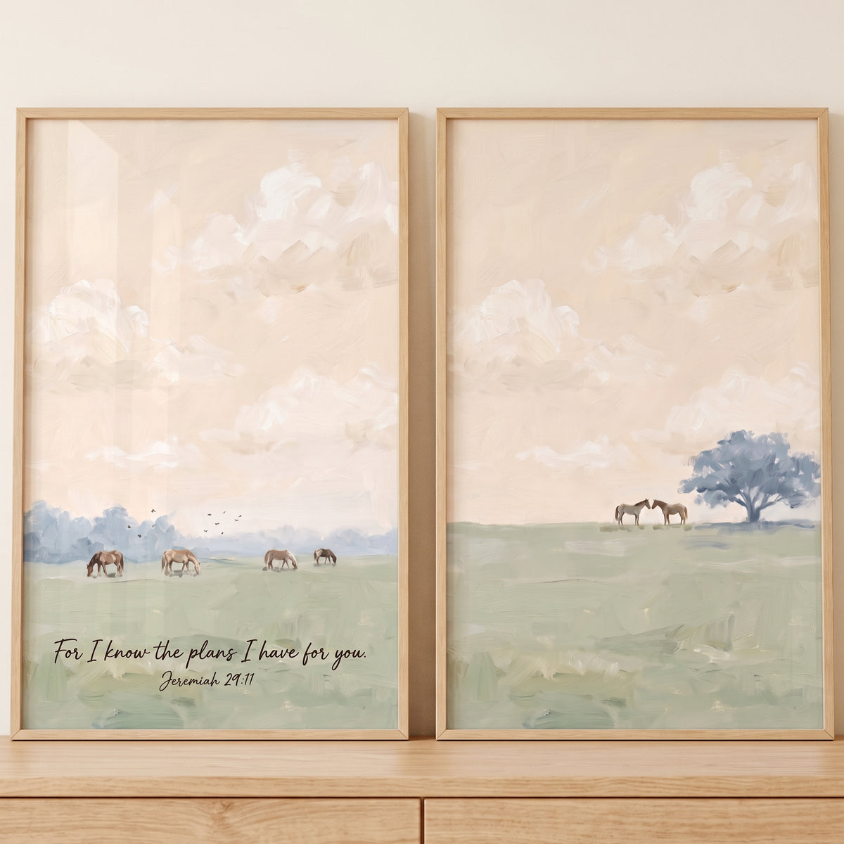 Warm Golden Hour Horse Wall Art Set of 2 - Serene Countryside Plans