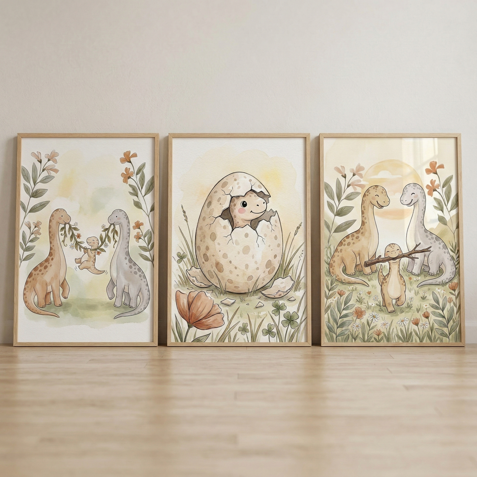 Three vertically oriented, wood-framed illustrations of cute dinosaurs are displayed side-by-side against a neutral wall. Each artwork features soft, muted earth tones and friendly, long-necked dinosaur characters. The left piece shows two adults holding a leaf vine that a baby dinosaur clings to. The center piece depicts a baby dinosaur peeking out from a large, speckled egg. The right piece shows the baby walking toward its parents while carrying a small branch in its mouth.