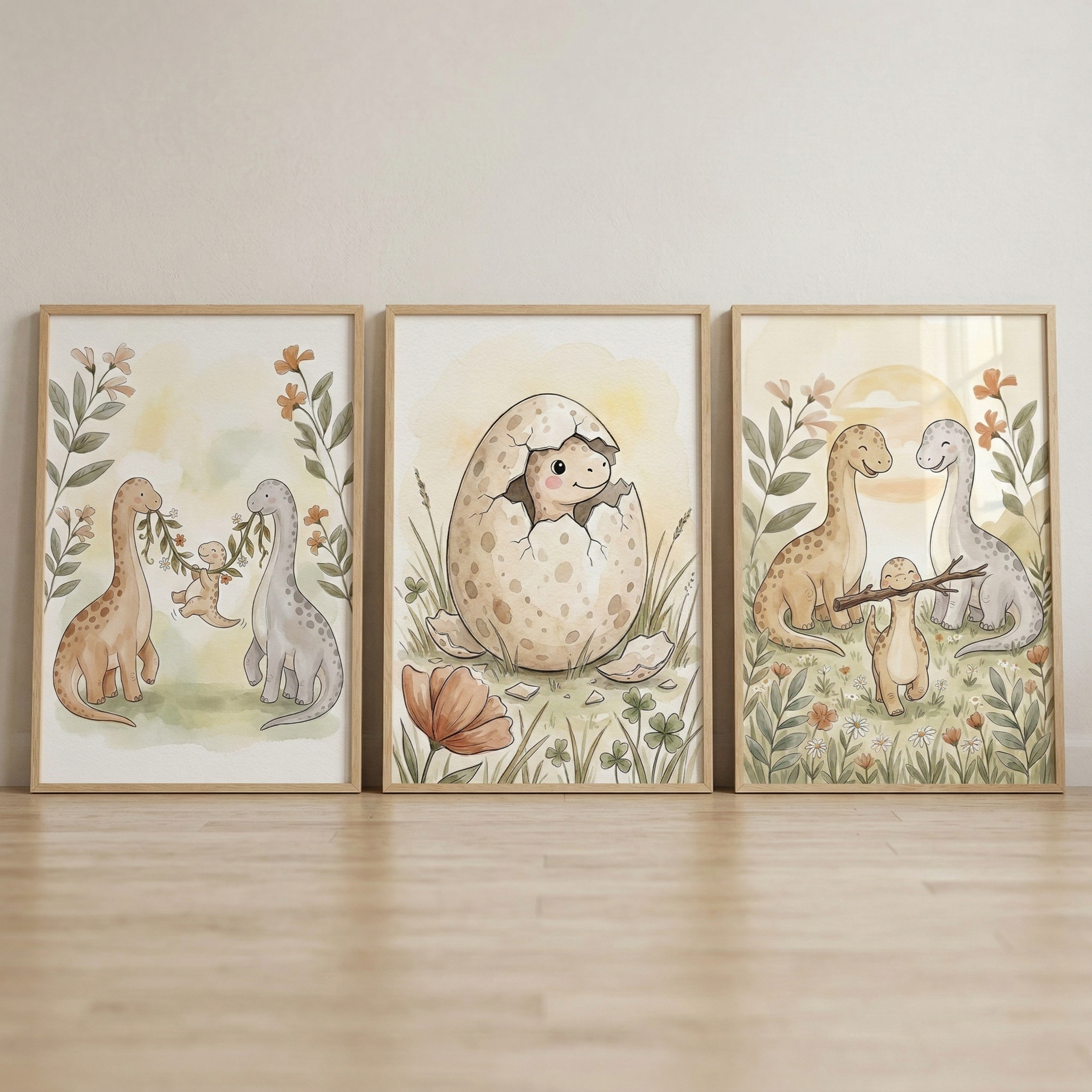 Warm Neutral Dino Family Wall Art Set of 3 - Sweet Dinosaur Family