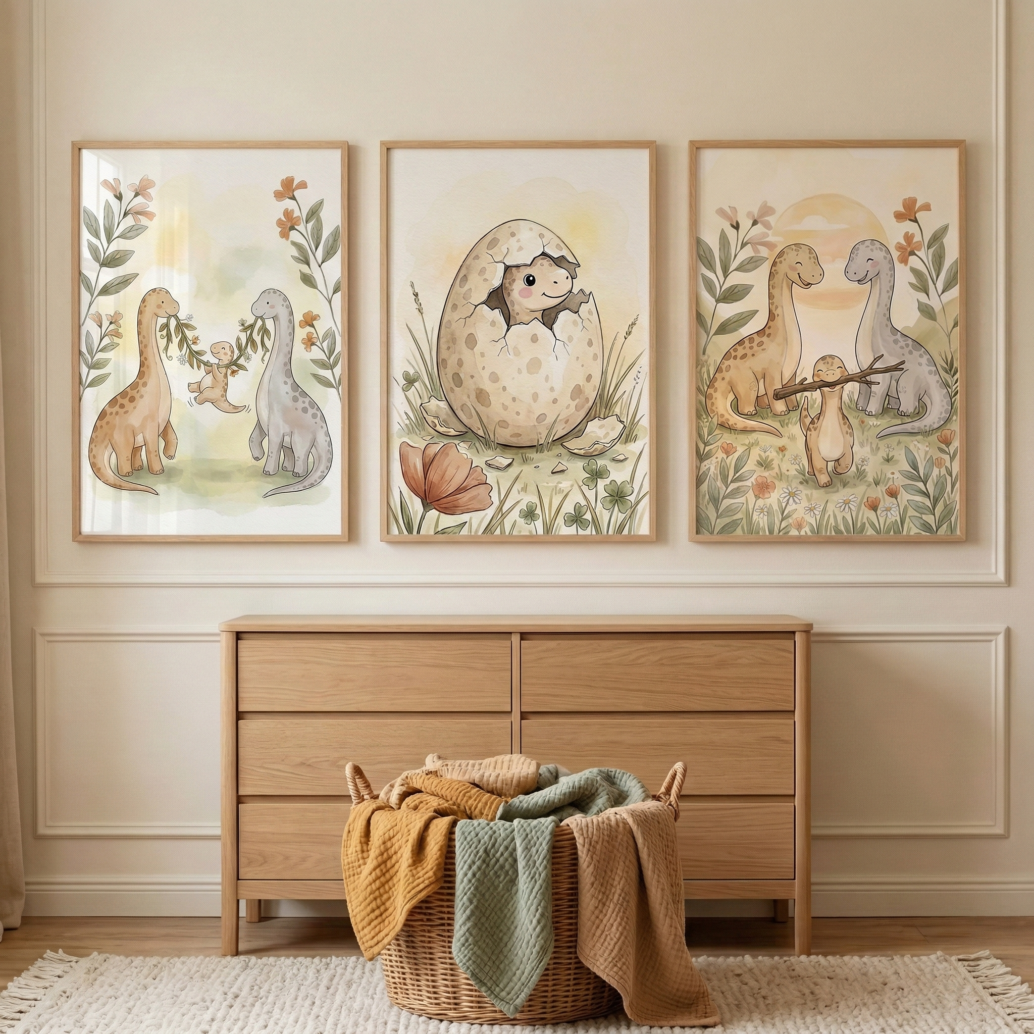 Warm Neutral Dino Family Wall Art Set of 3 - Sweet Dinosaur Family
