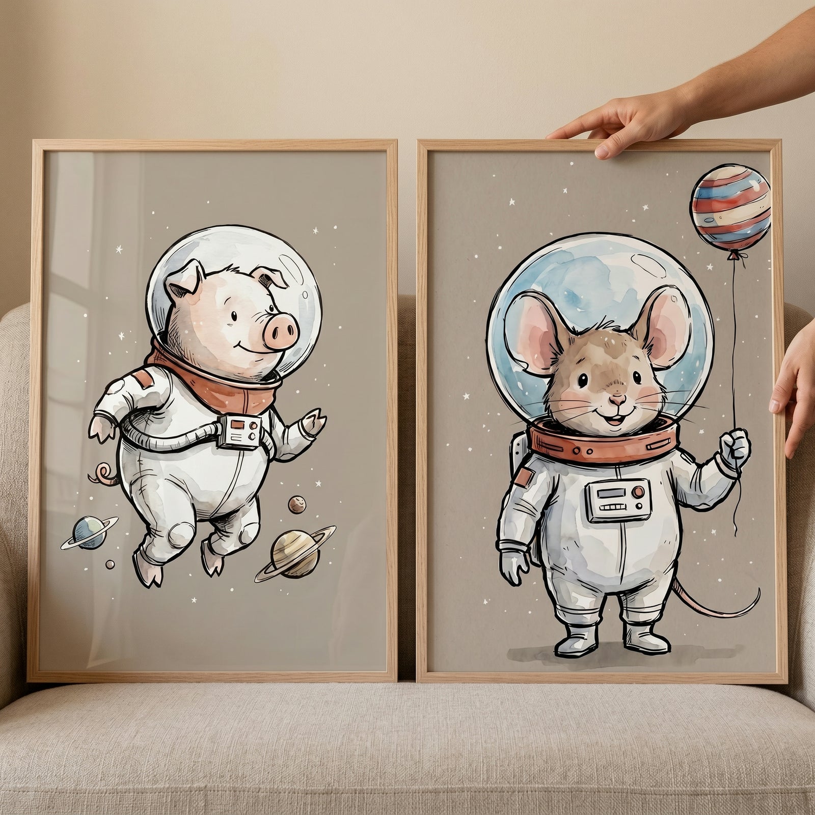 Warm neutral astronaut animal artwork set of 2 with a pig and a mouse in space suits, one holding a striped planet balloon.