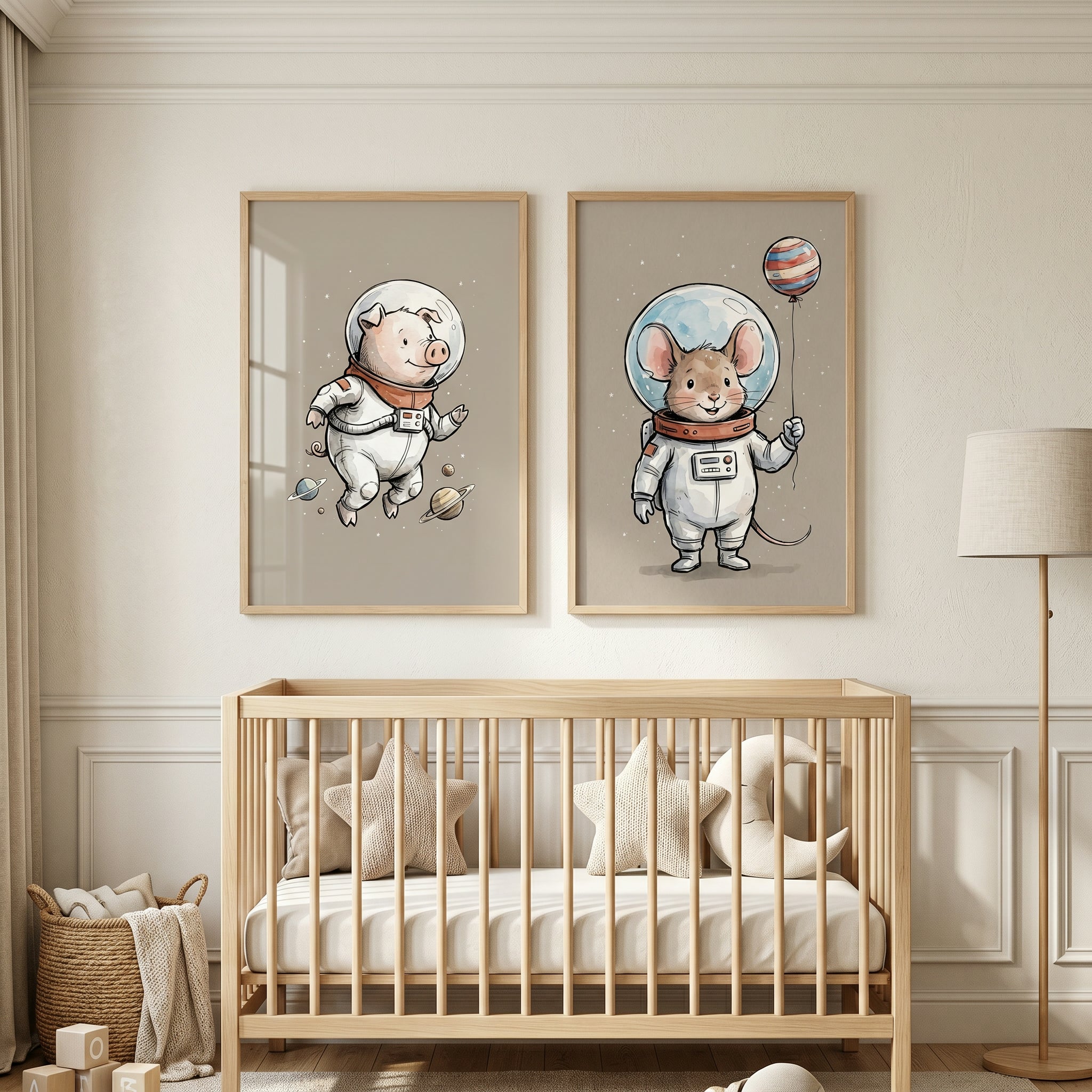 Warm Neutral Astronaut Animal Artwork Set of 2 - Cosmic Animal Friends