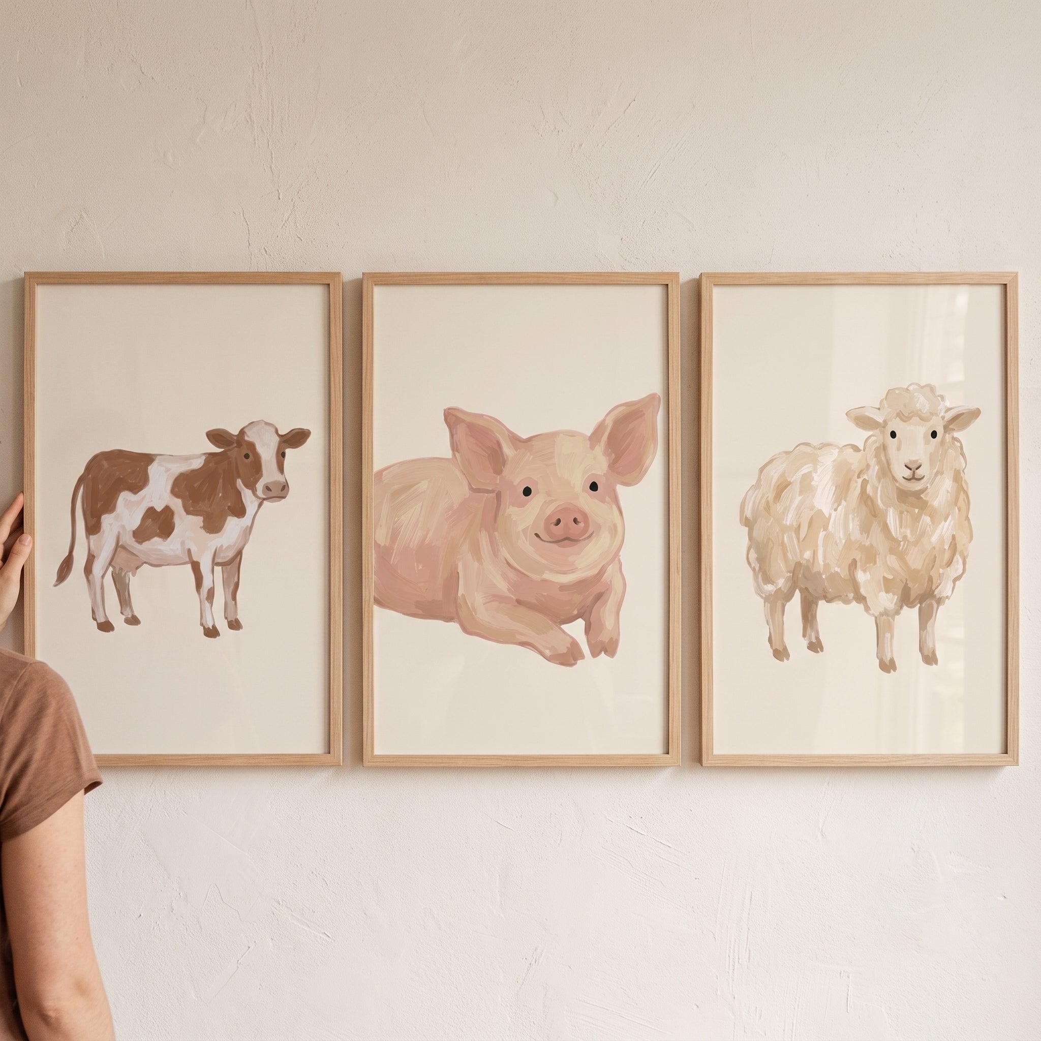 Warm Neutral Farm Animals Wall Art Set of 3 - Rustic Barnyard Trio