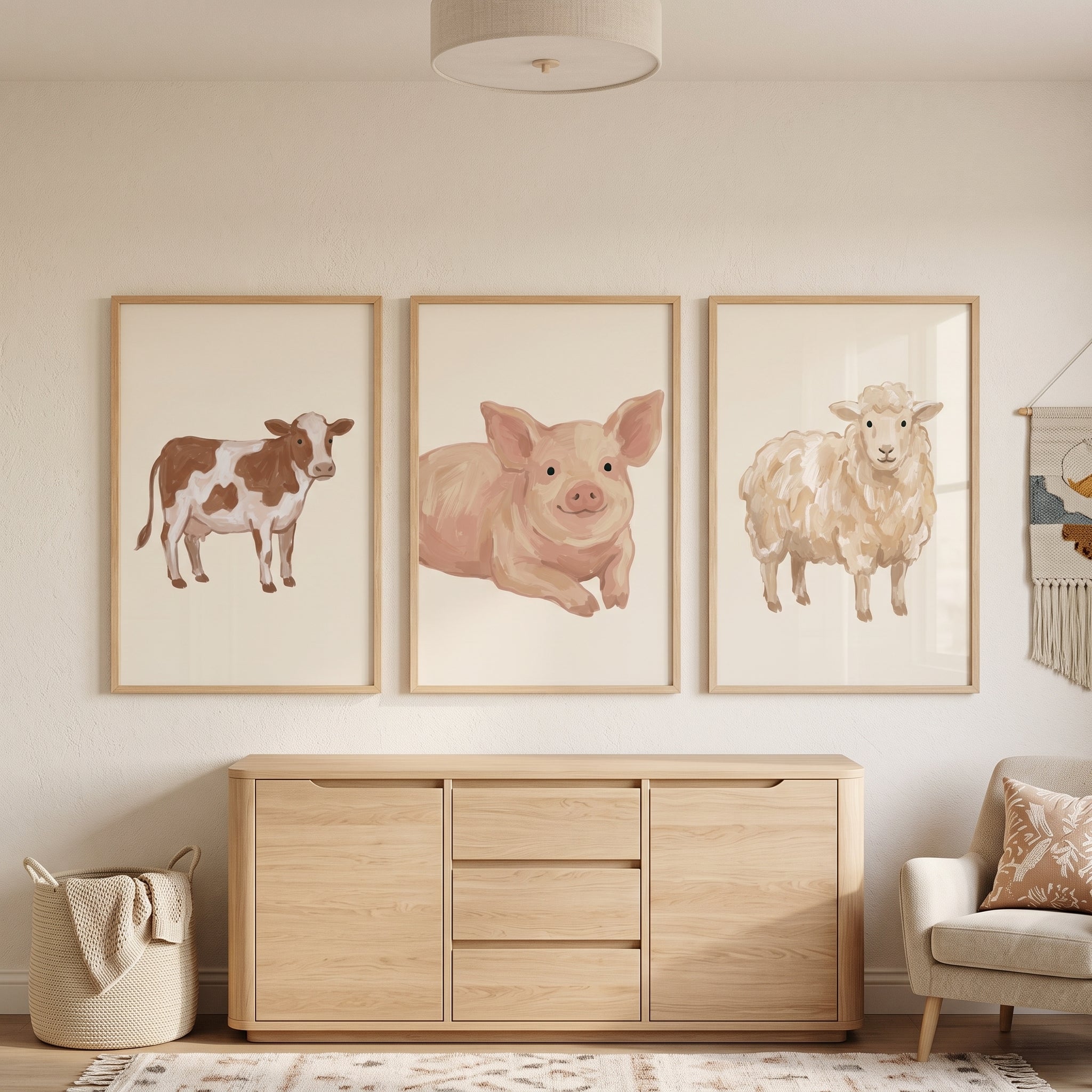 Warm Neutral Farm Animals Wall Art Set of 3 - Rustic Barnyard Trio