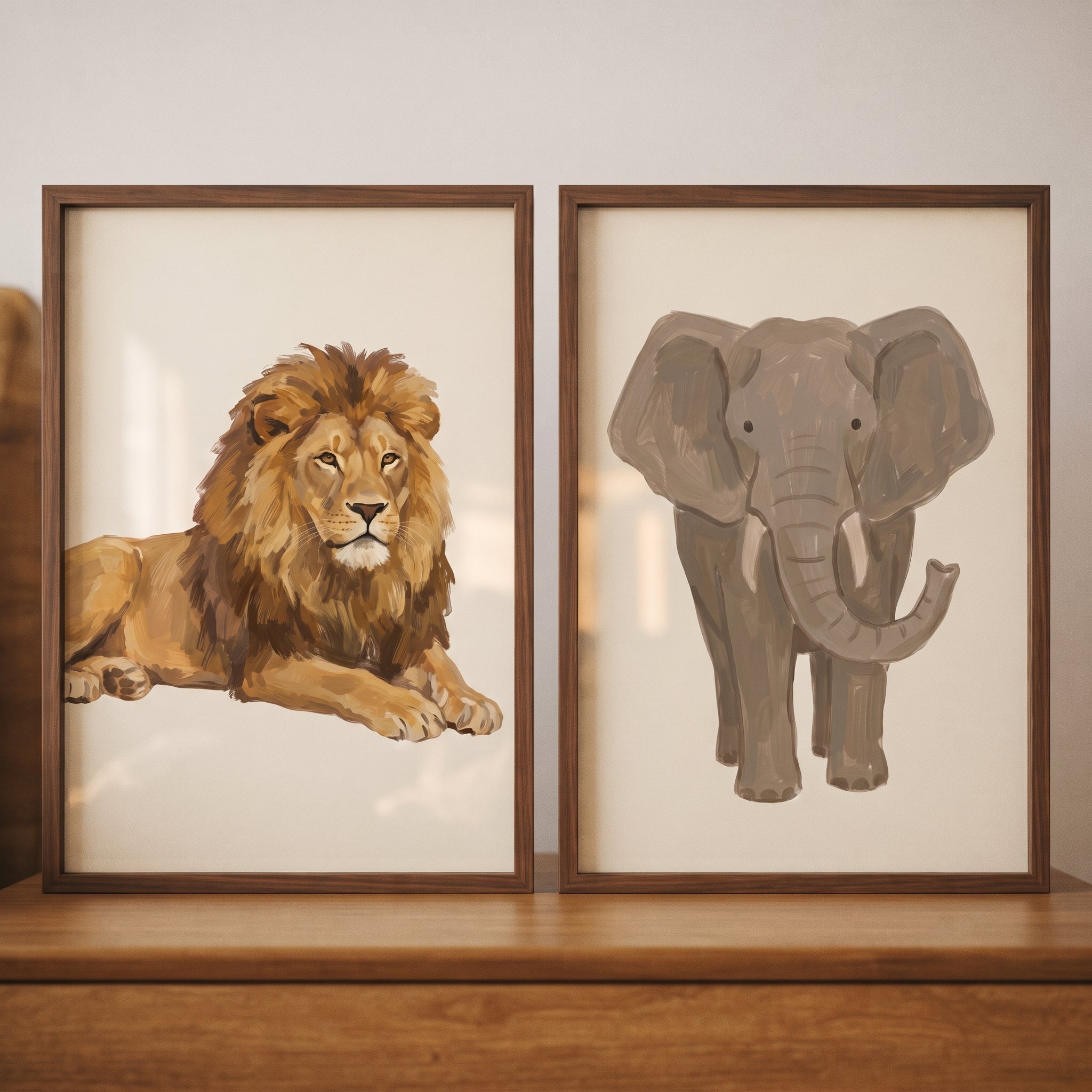 Warm Neutral Safari Animals Wall Art Set of 2 - Safari Wildlife Duo