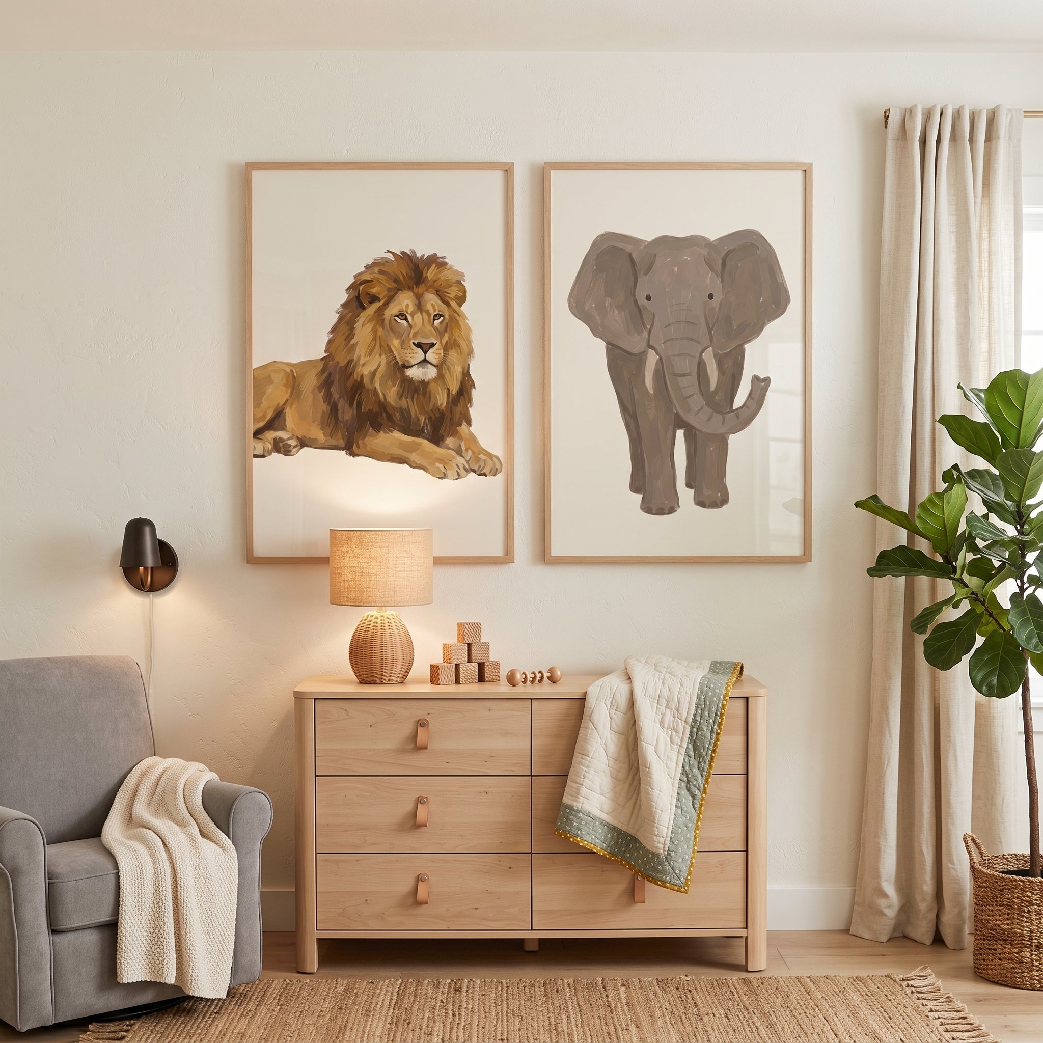 Warm Neutral Safari Animals Wall Art Set of 2 - Safari Wildlife Duo