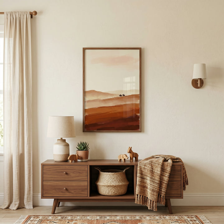 Warm ochre landscape cowboy wall art hangs over a wood sideboard with a lamp, small wooden animals, and a woven basket.