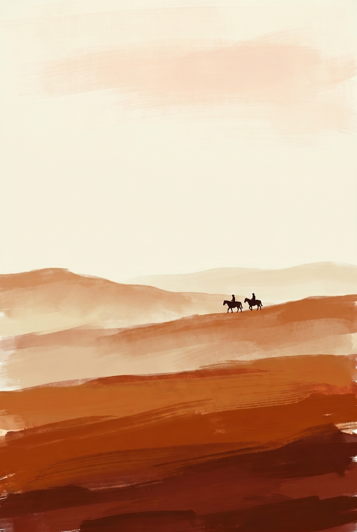 Two silhouetted riders on horseback cross layered hills in this minimalist warm ochre landscape cowboy wall art.