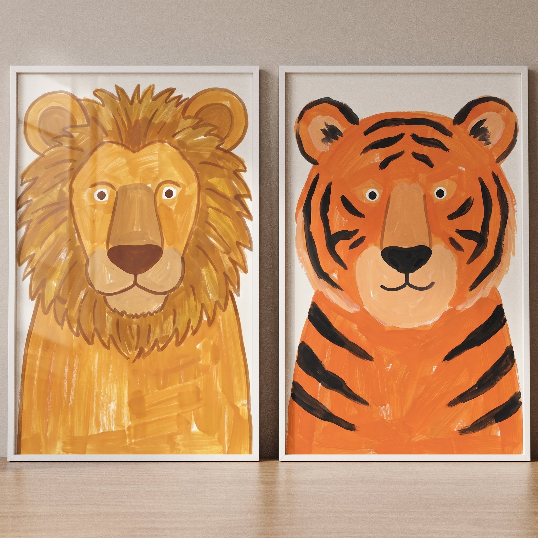 Warm Ochre Safari Animals Wall Art Set of 2 - Wild Cat Duo