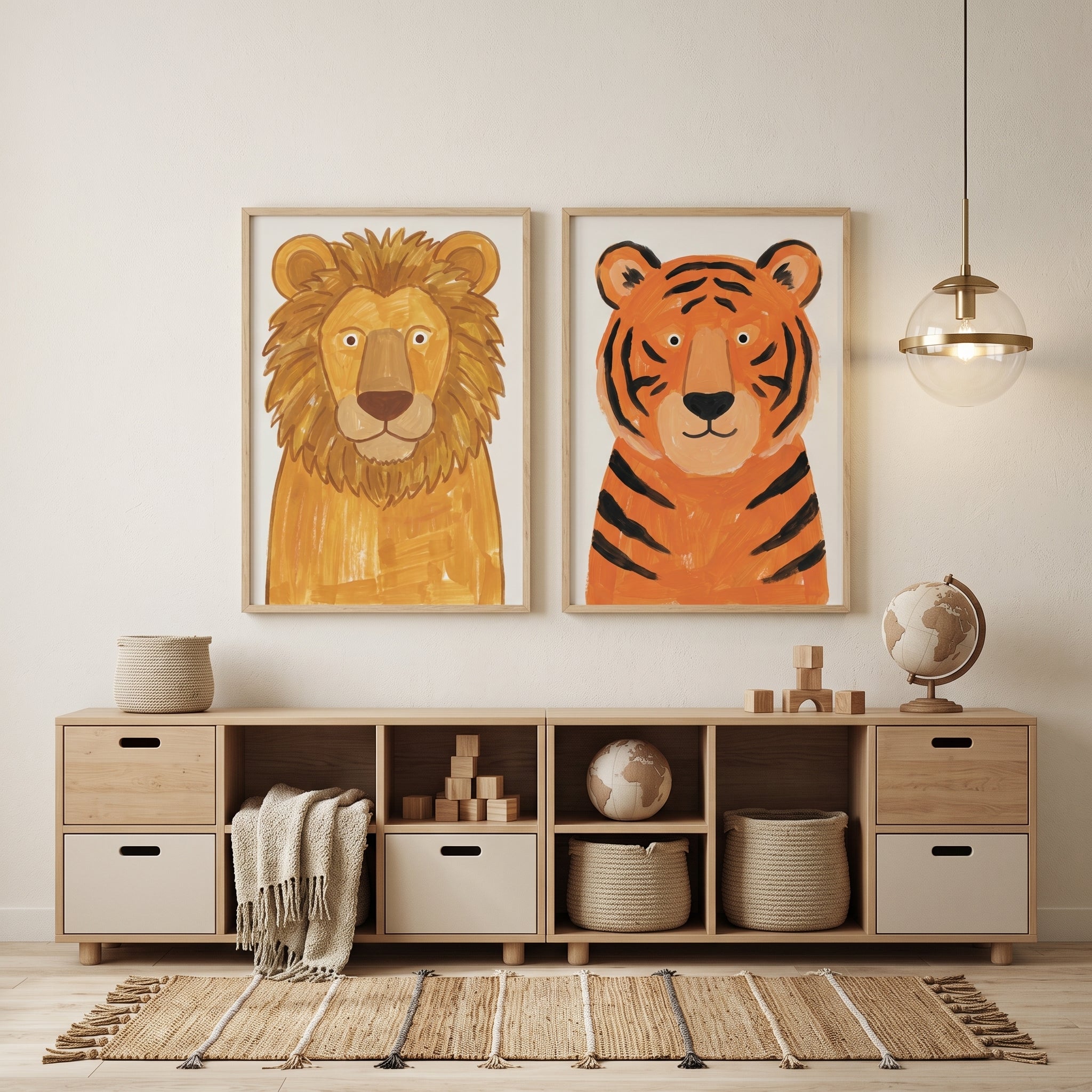 Warm Ochre Safari Animals Wall Art Set of 2 - Wild Cat Duo