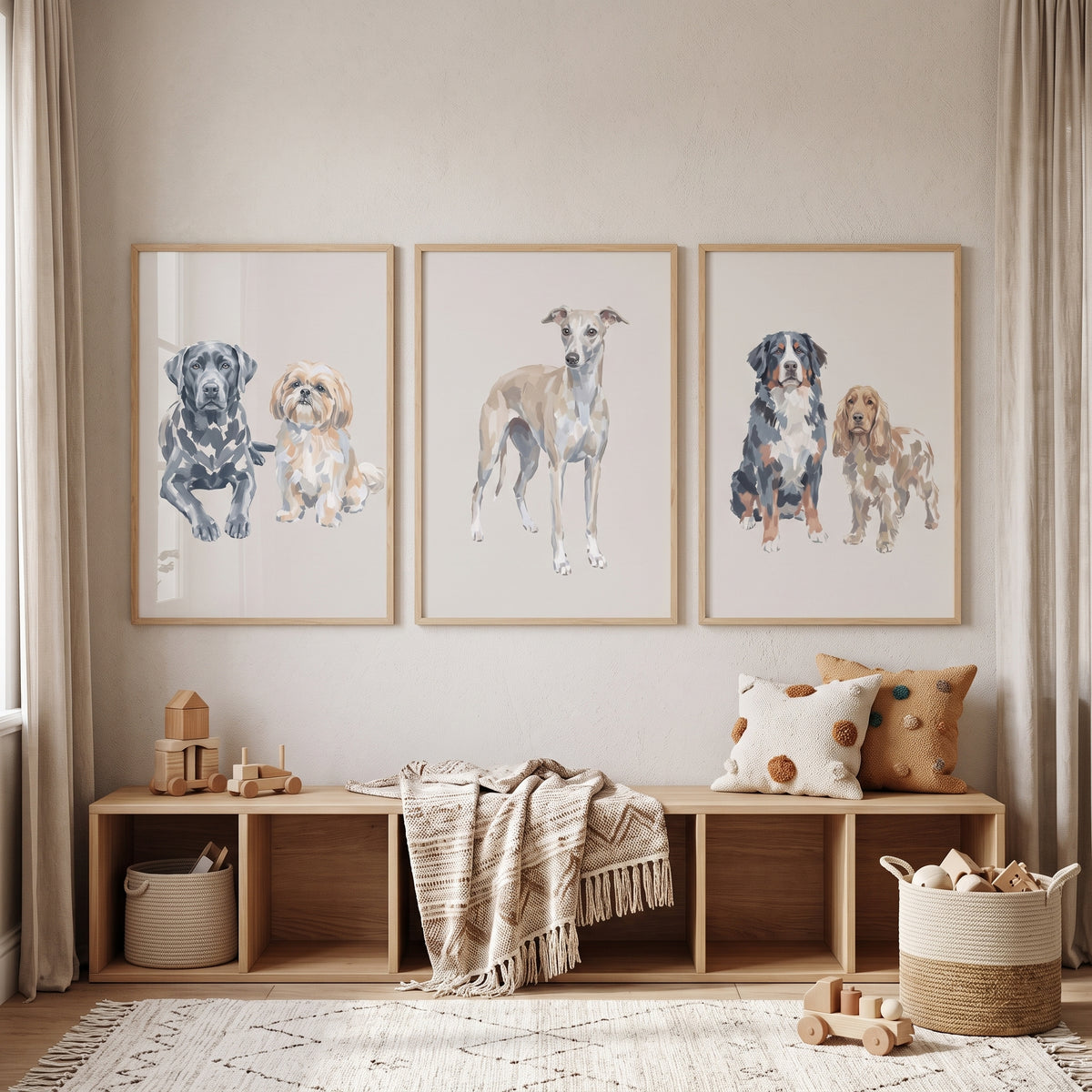 Warm Painterly Multi Dogs Wall Art Set of 3 - Modern Dog Trio