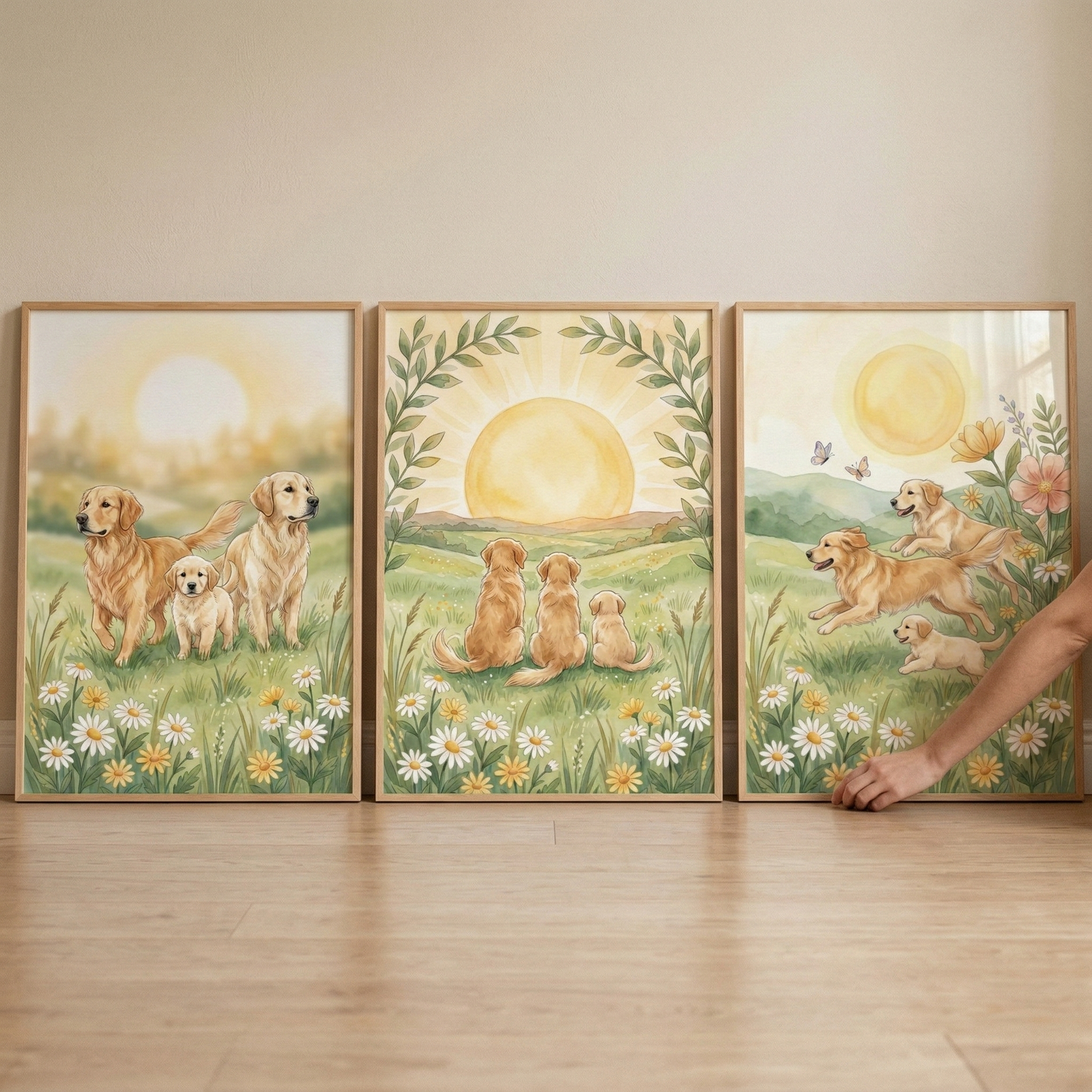 A set of three framed vertical illustrations is lined up on a light wooden floor against a beige wall. Each piece features golden retriever dogs in a bright, sunlit meadow. The leftmost artwork shows two adults and a puppy standing among daisies. The center piece shows three dogs from behind, watching a large sun framed by leaves. The rightmost artwork shows three dogs running through flowers with butterflies. A hand is visible touching the corner of the right frame. 