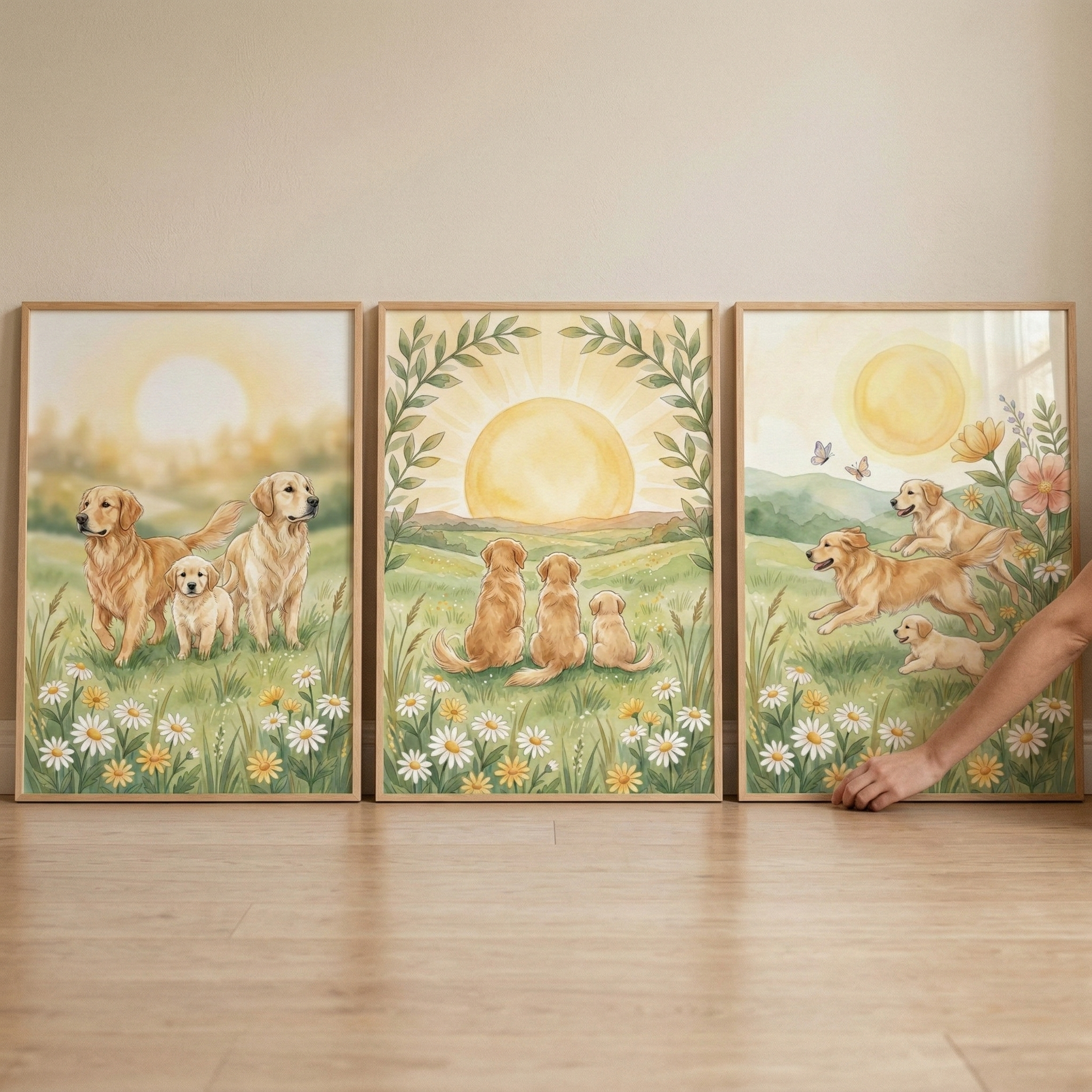 Warm Sun Dog Family Wall Art Set of 3 - Sunlit Puppy Fields