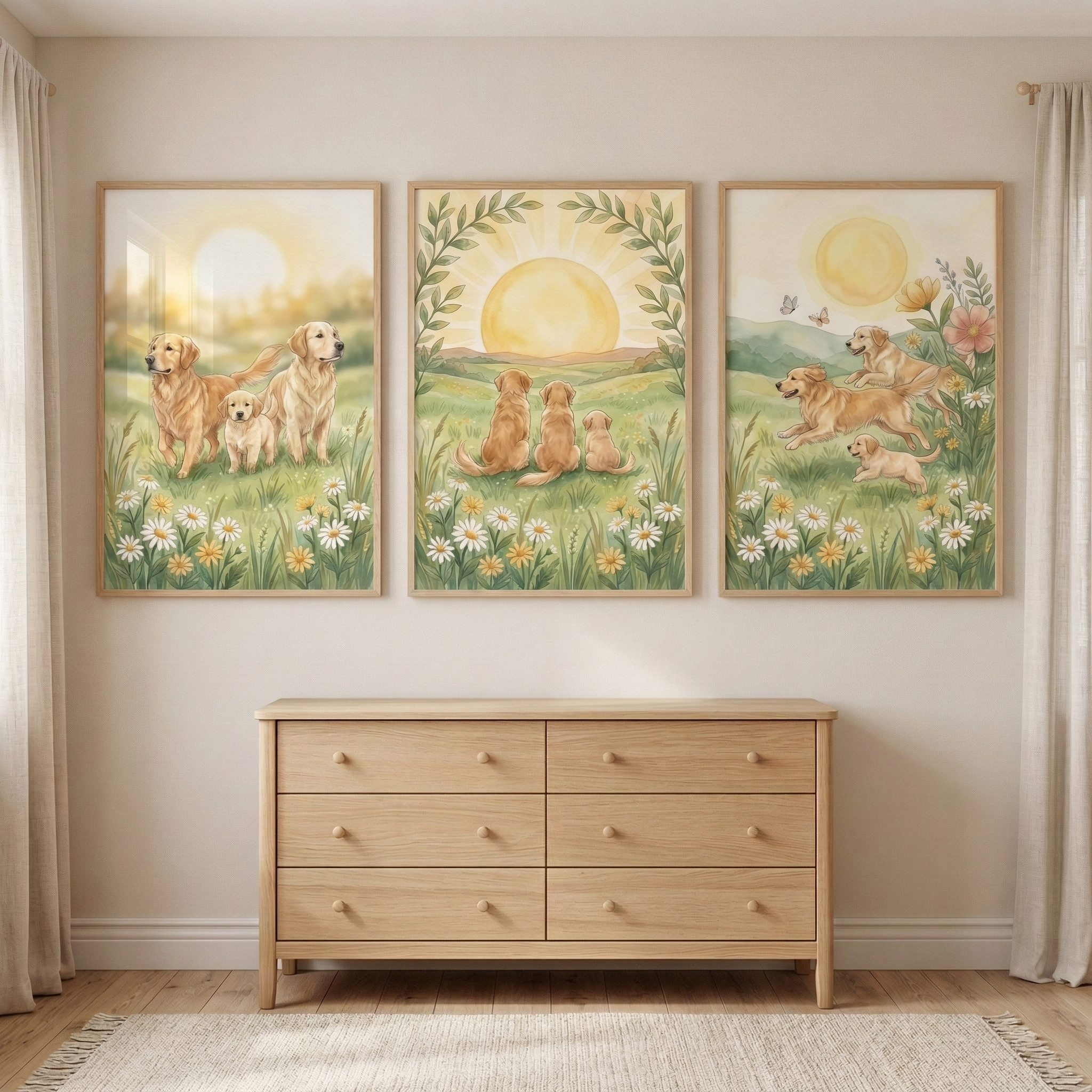 Warm Sun Dog Family Wall Art Set of 3 - Sunlit Puppy Fields