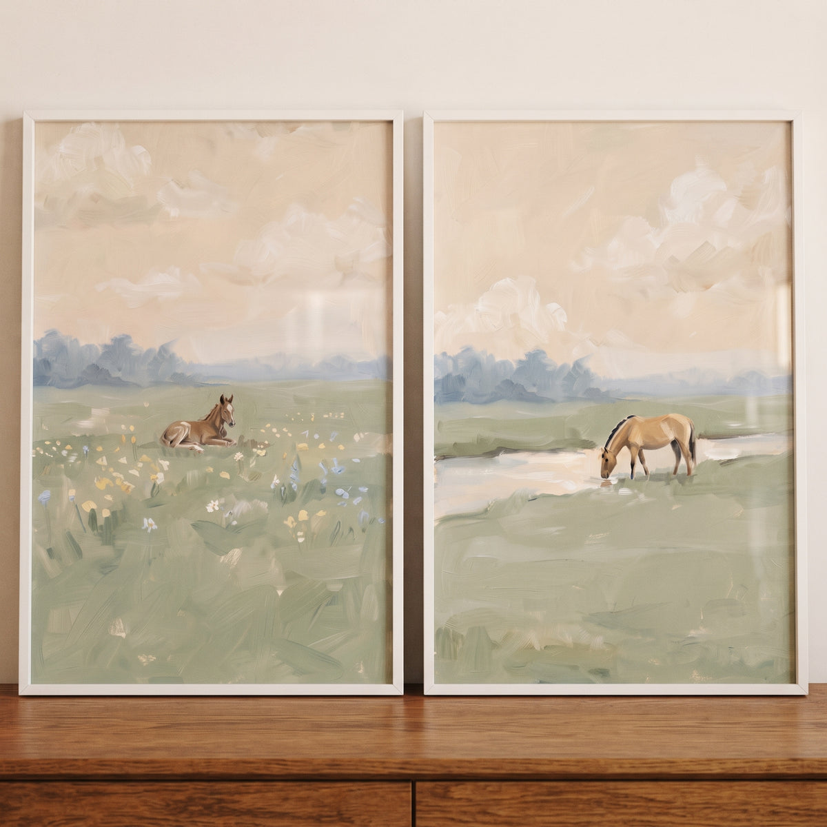 Warm tan meadow horse wall art set of 2 features a foal among flowers and a horse at a stream in neutral tones.