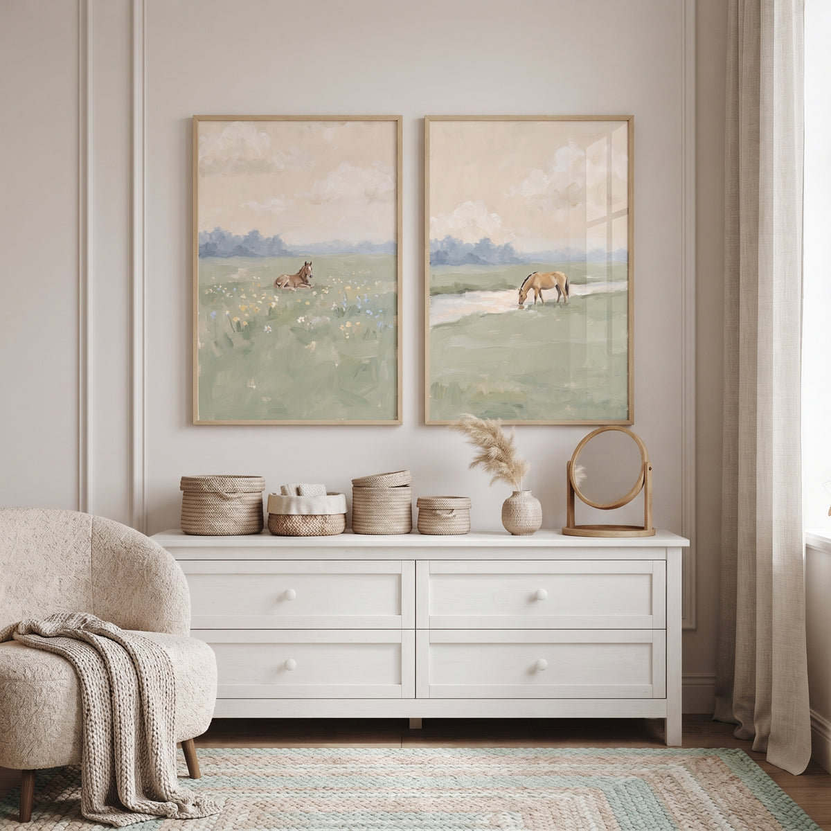 Warm Tan Meadow Horse Wall Art Set of 2 - Serene Meadow Duo