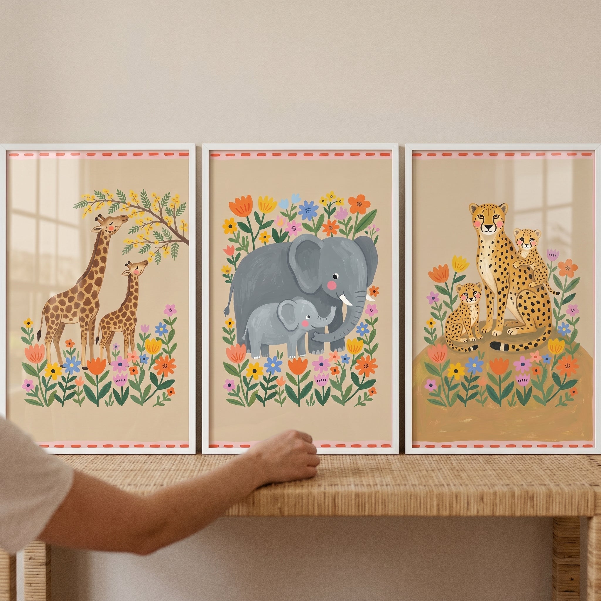 Warm Tan Safari Animals Wall Art Set Of 3 - Sweet Safari Families