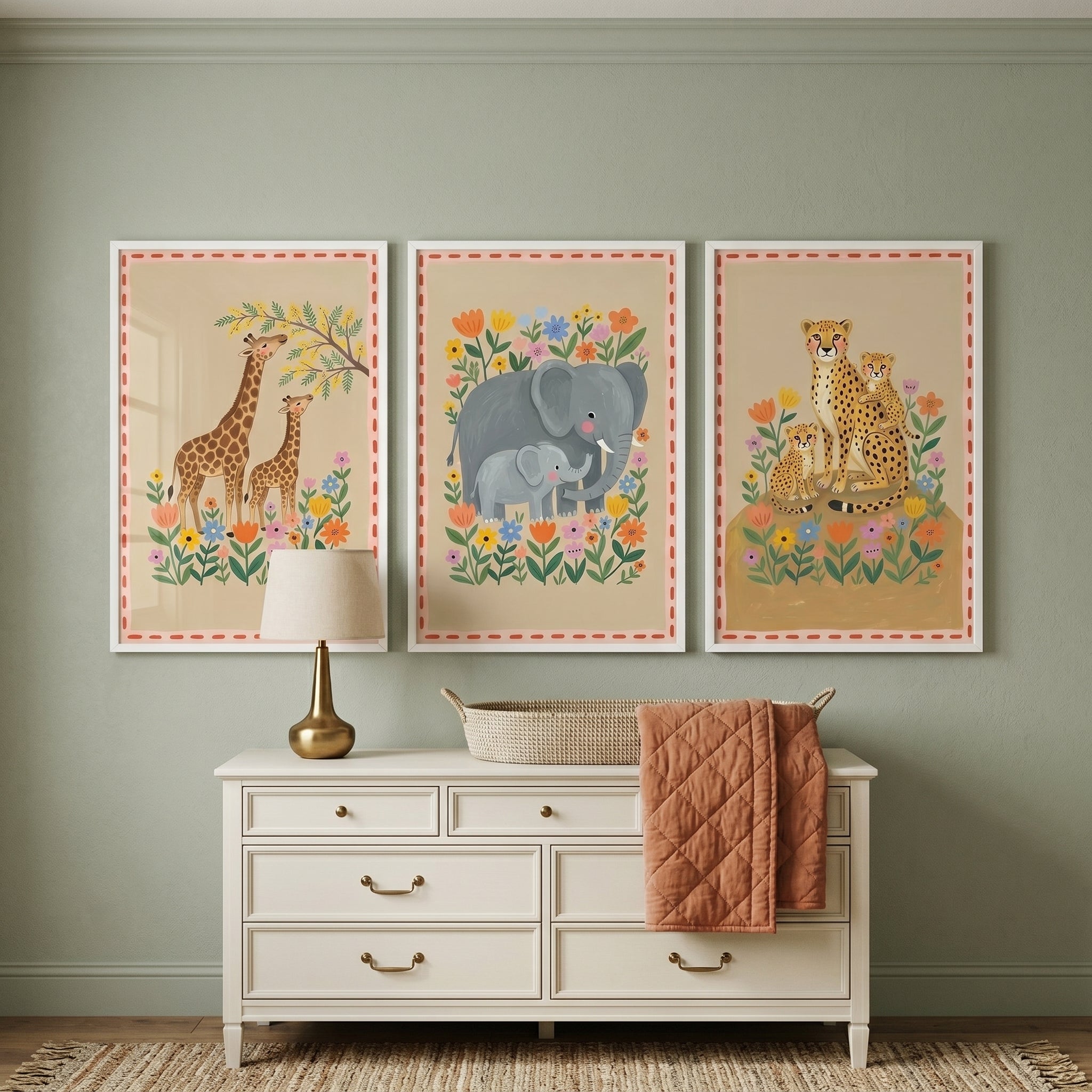 Warm Tan Safari Animals Wall Art Set Of 3 - Sweet Safari Families