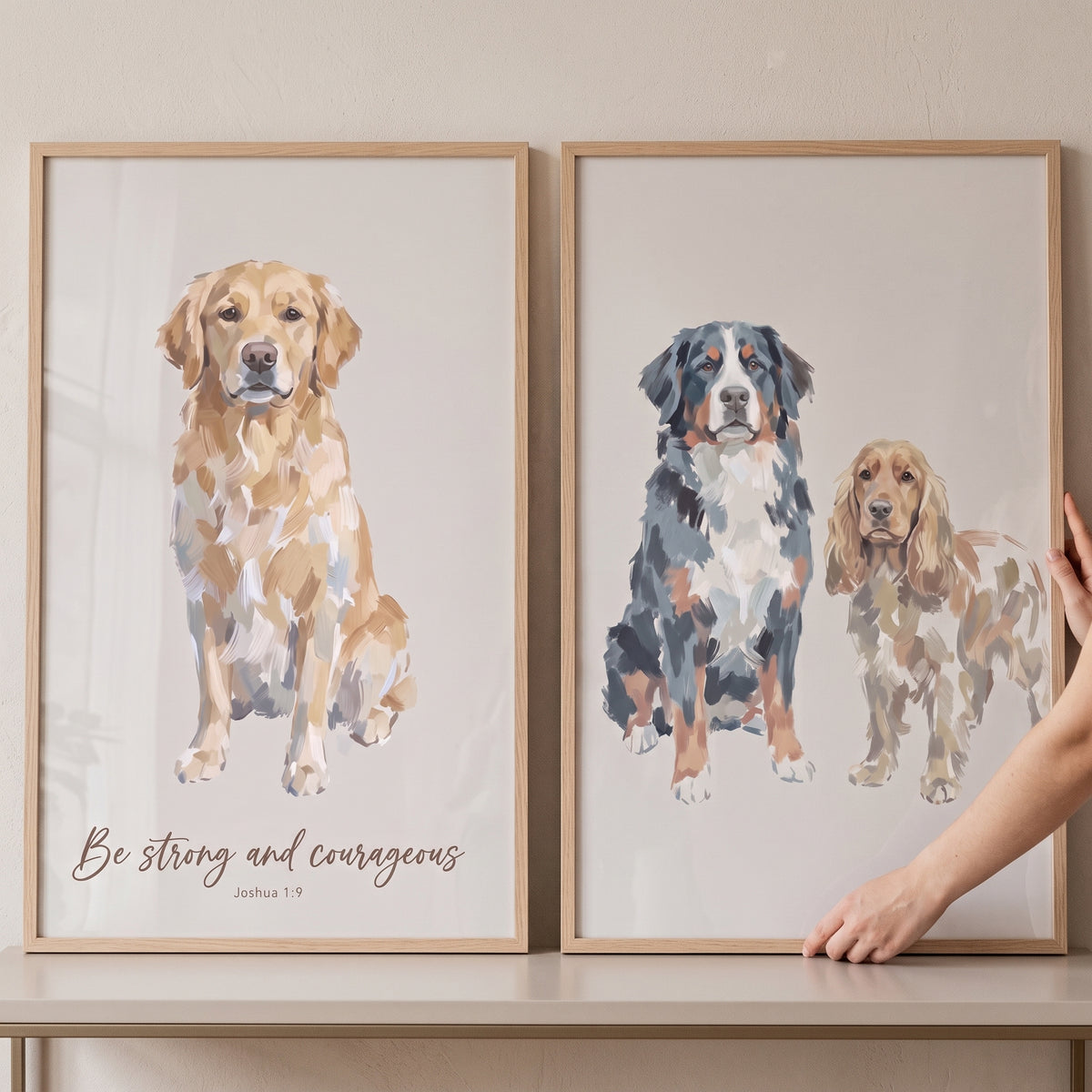 Warm tan textured dogs wall art set of 2 with dog illustrations and the text Be strong and courageous Joshua 1:9.