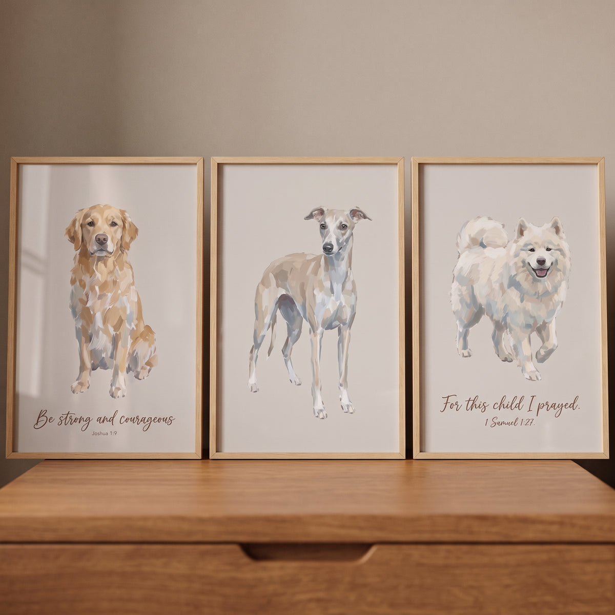 Warm Tonal Watercolor Dogs Artwork Set of 3 - Scripture Dog Set
