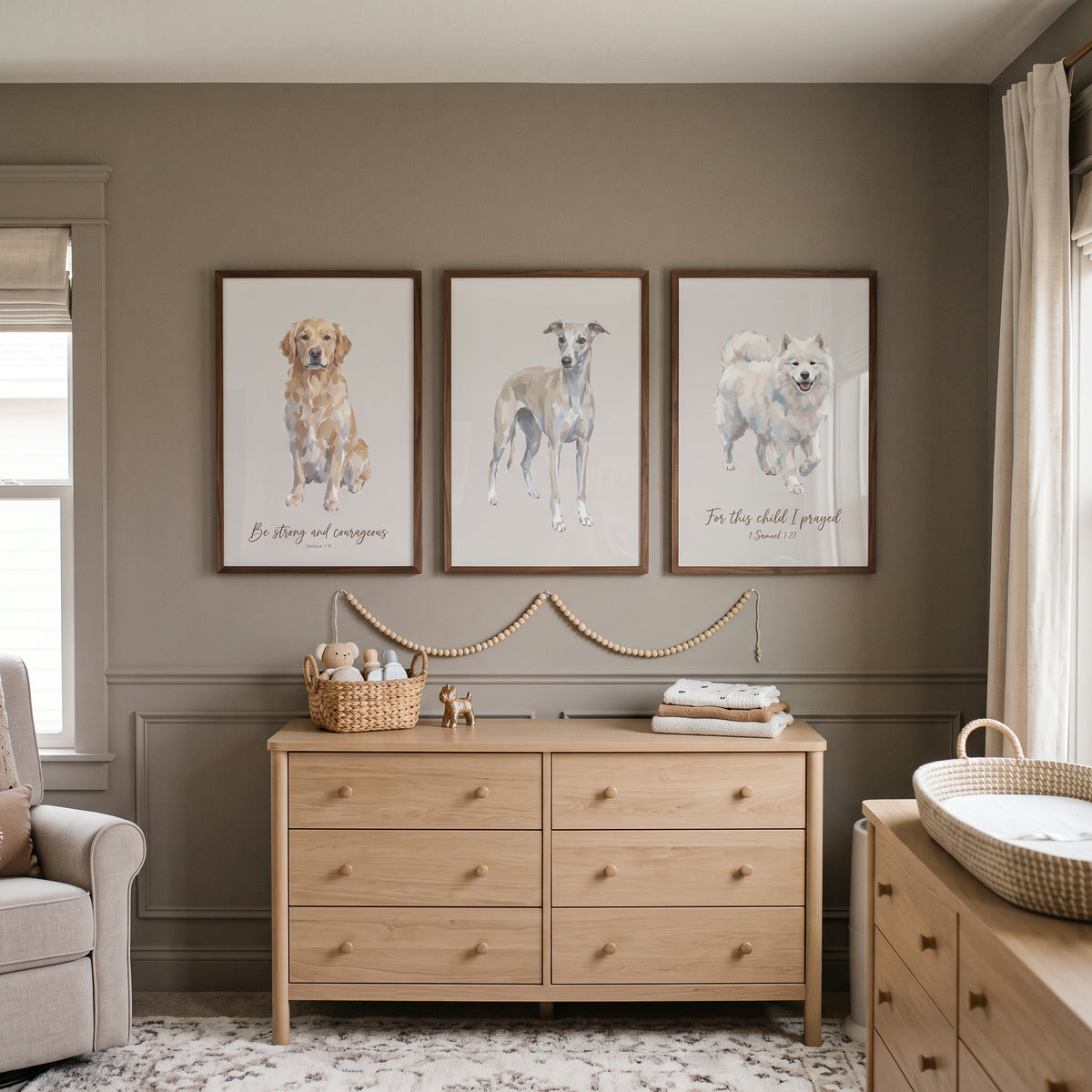 Warm Tonal Watercolor Dogs Artwork Set of 3 - Scripture Dog Set