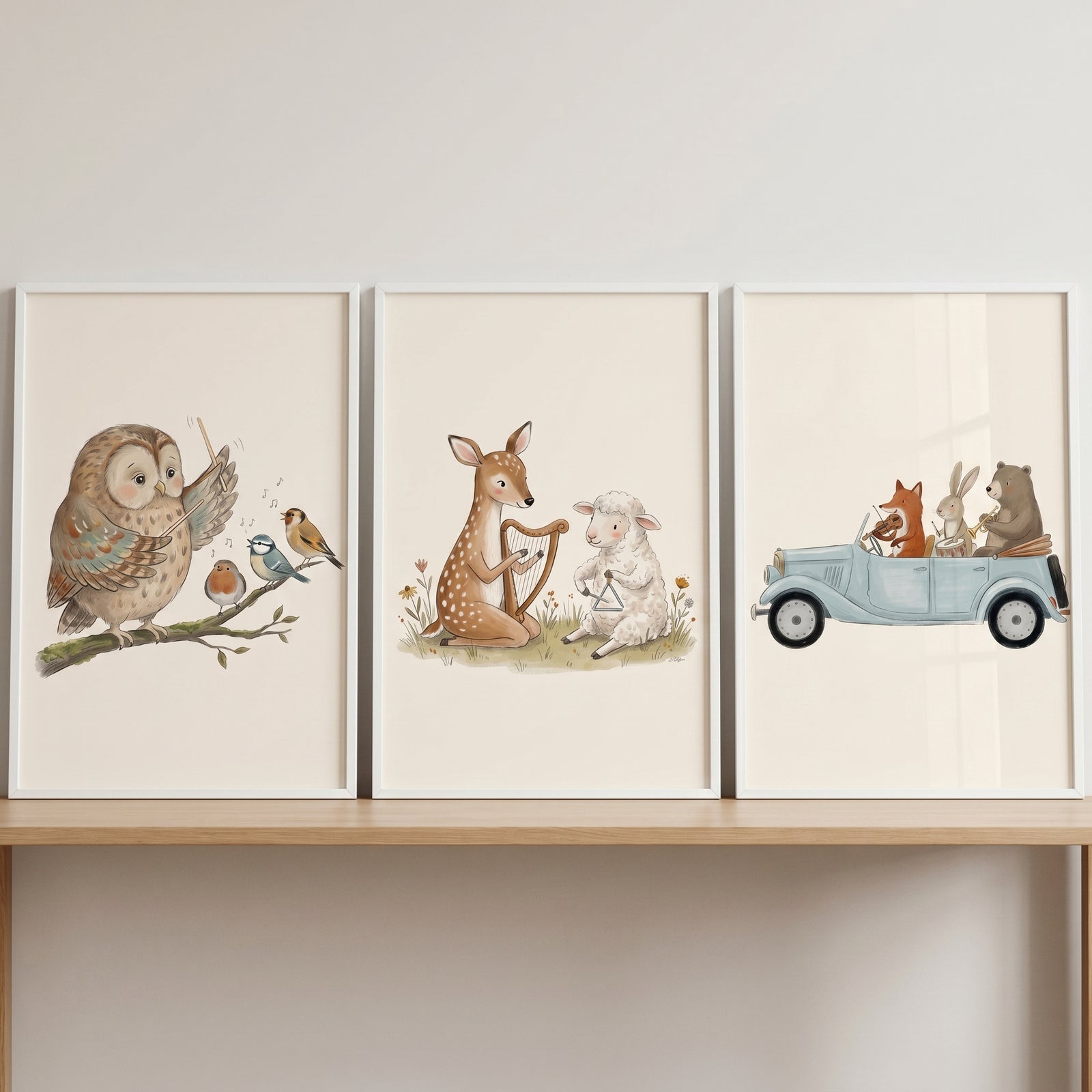 Warm tone forest animal wall art set of 3 with an owl conductor, musical fawn and lamb, and animals in a blue vintage car.