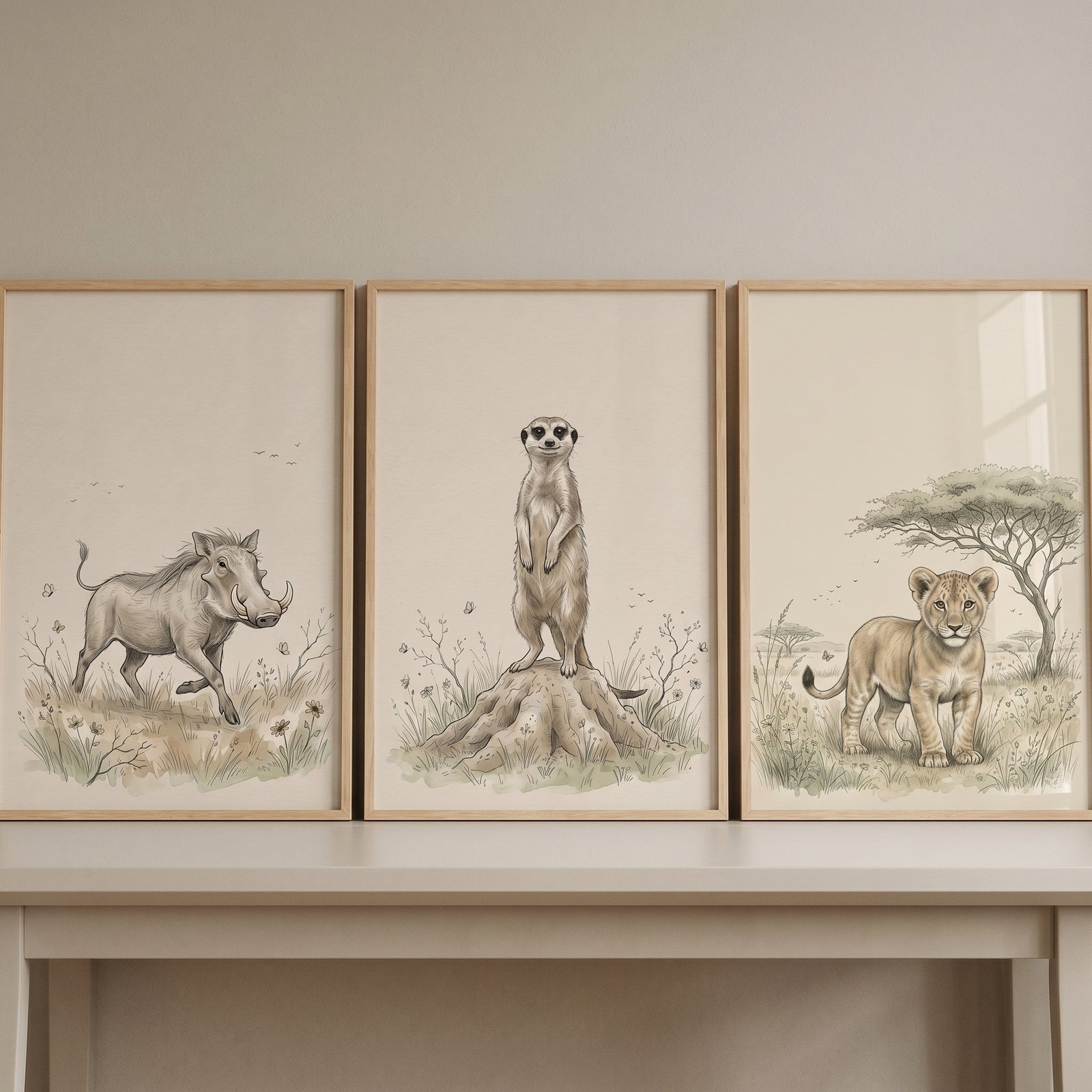 Warm tone savanna animals wall art set of 3 featuring framed sketches of a warthog, a meerkat, and a lion cub.