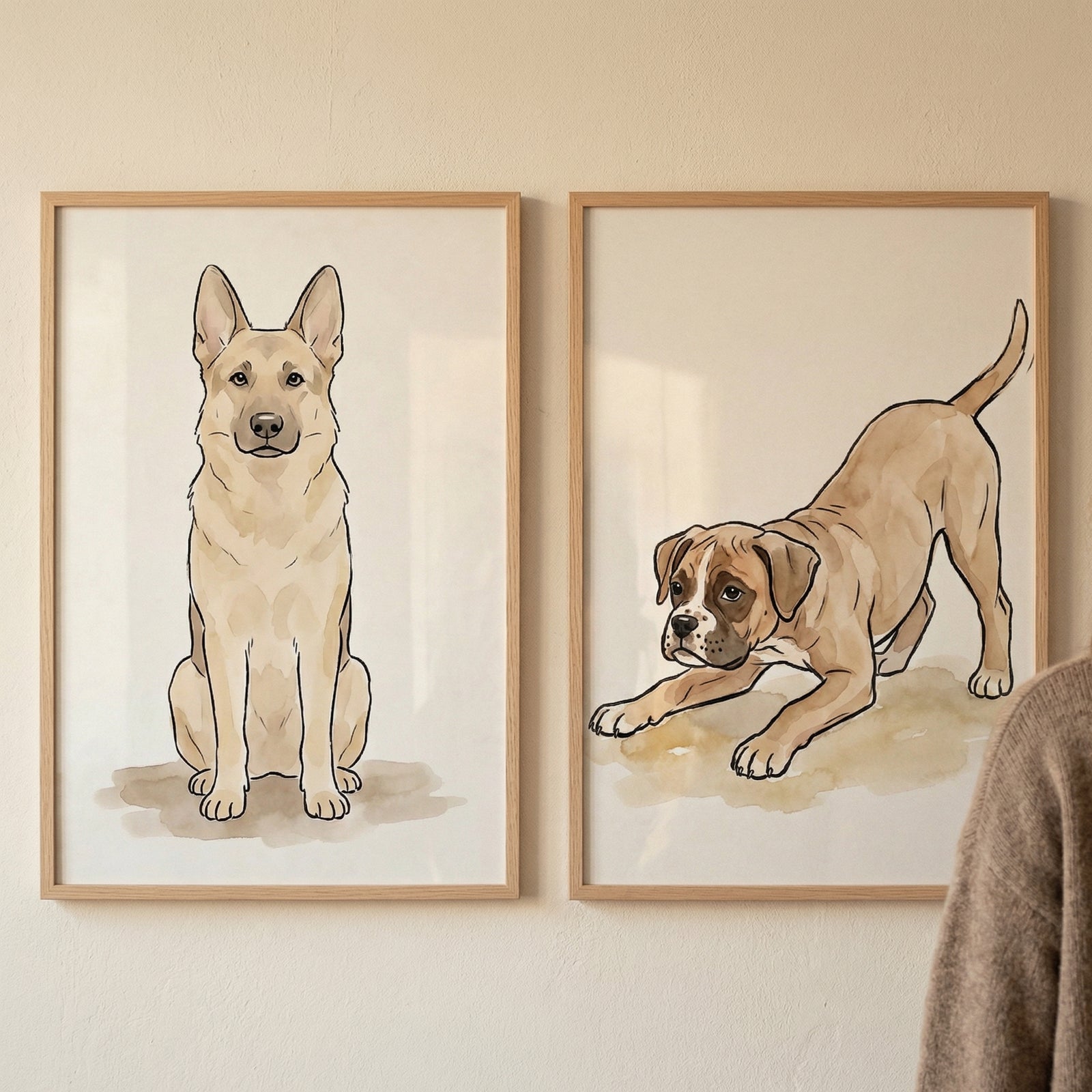Two identical light-wood rectangular frames hang side-by-side on a neutral, cream-colored wall. Each frame contains a minimalist illustration of a tan-colored dog on an off-white background. The illustration on the left features a dog with tall, pointed ears sitting upright and facing forward with a calm expression. 