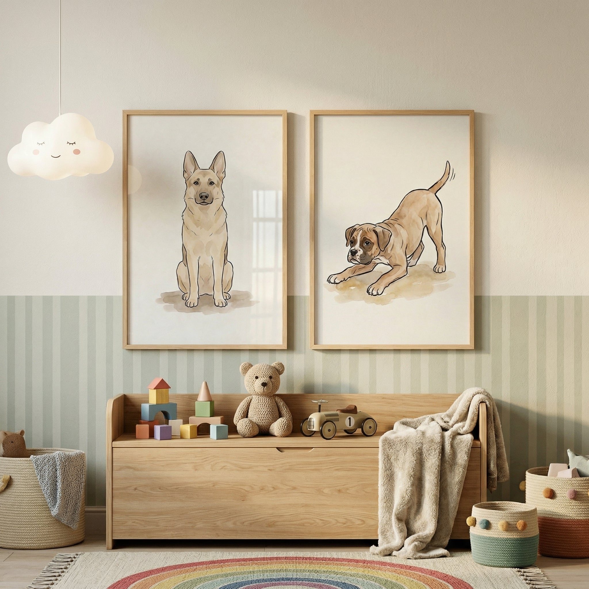 Warm Watercolor Tan Dog Wall Art Set of 2 - Loyal Dog Duo