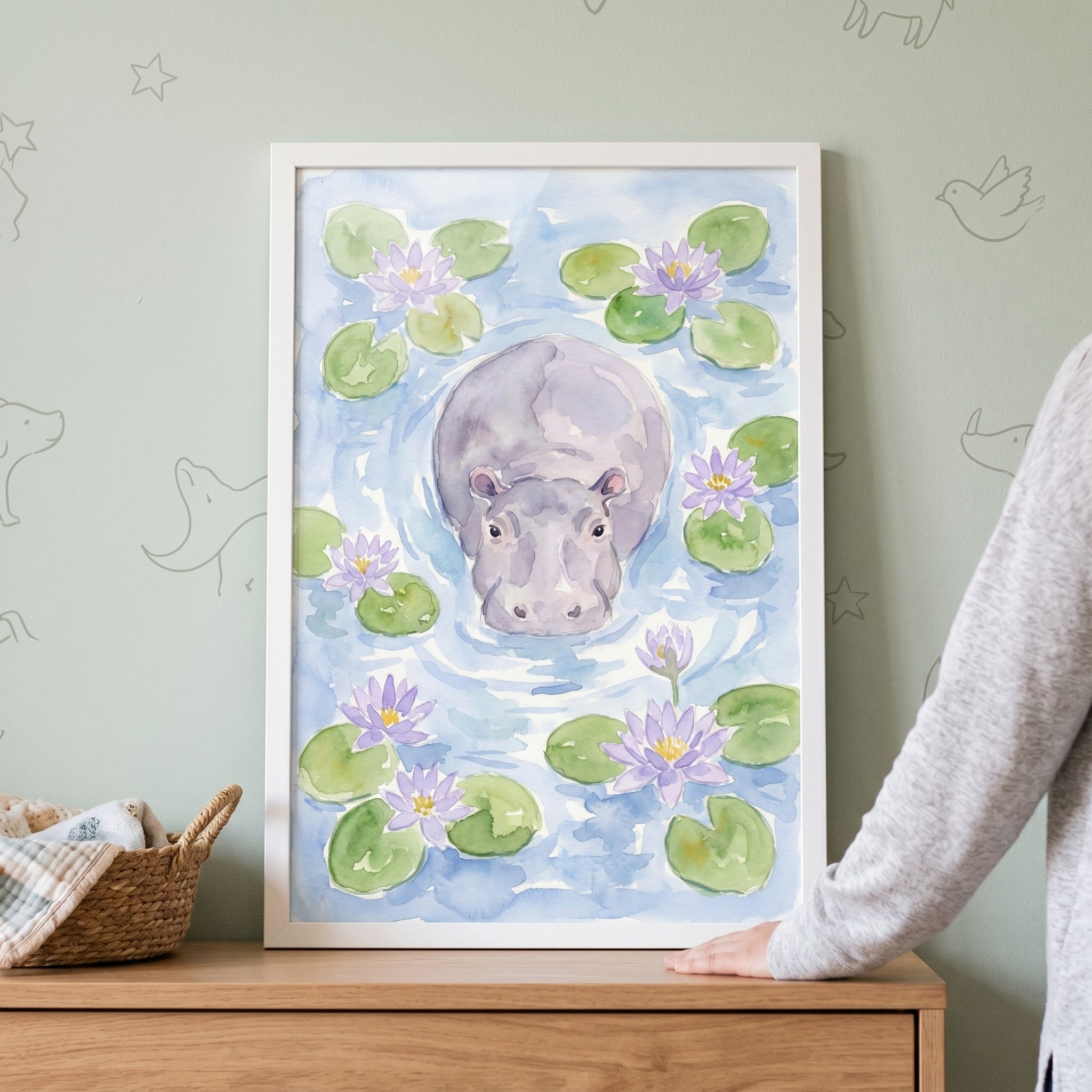 Water Lily Hippo Wall Art - Gentle Hippo Pond