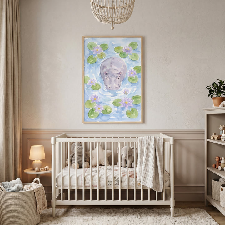Water lily hippo wall art hangs over a white wooden crib in a beige nursery with soft lighting and plush toys.