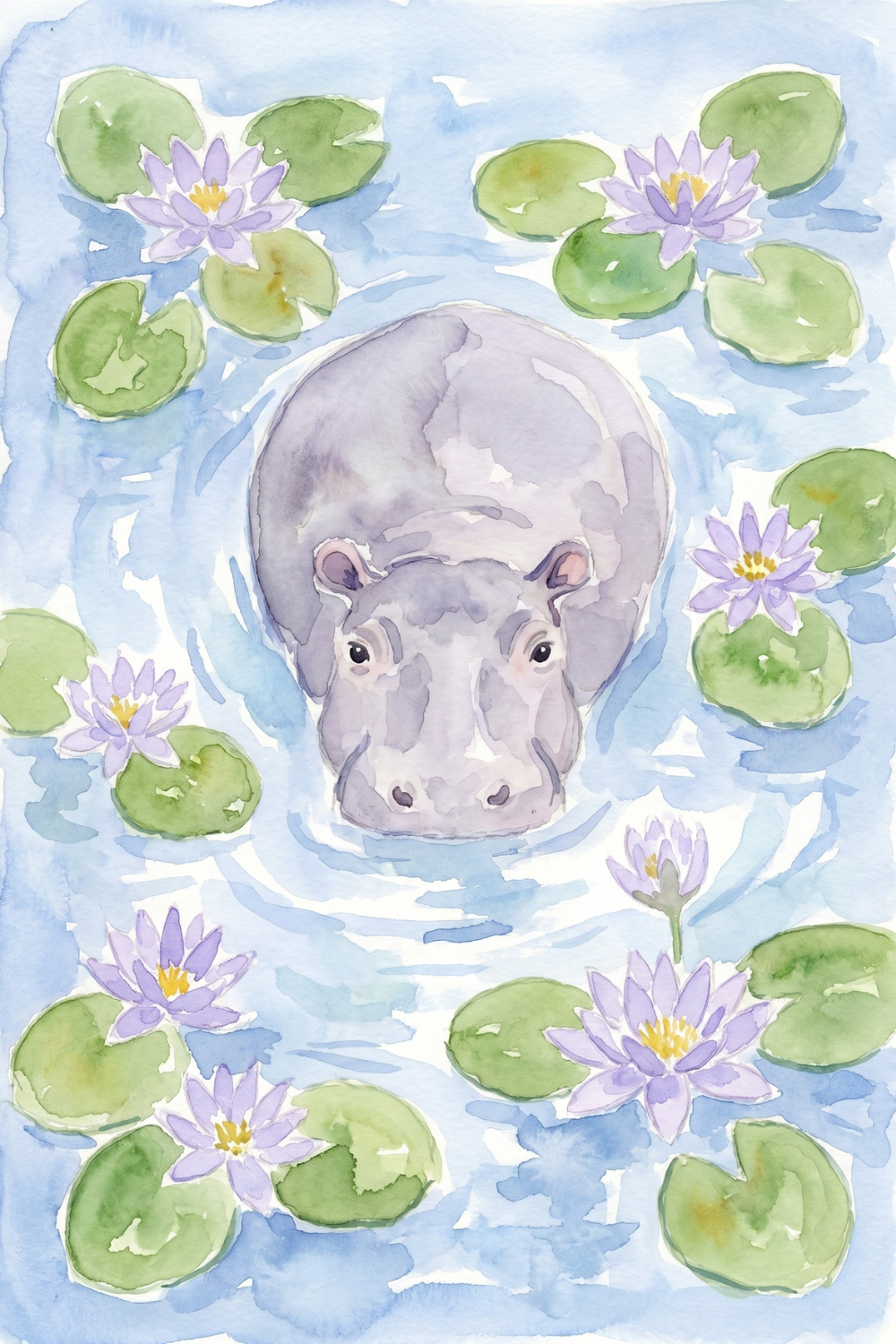 Water Lily Hippo Wall Art - Gentle Hippo Pond