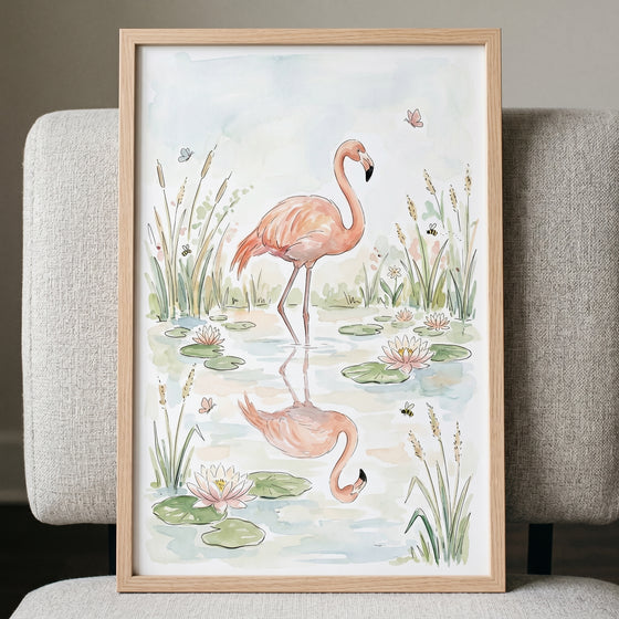 Water lily pink flamingo wall art in a wood frame shows a flamingo and its reflection in a pond with lilies and grass.