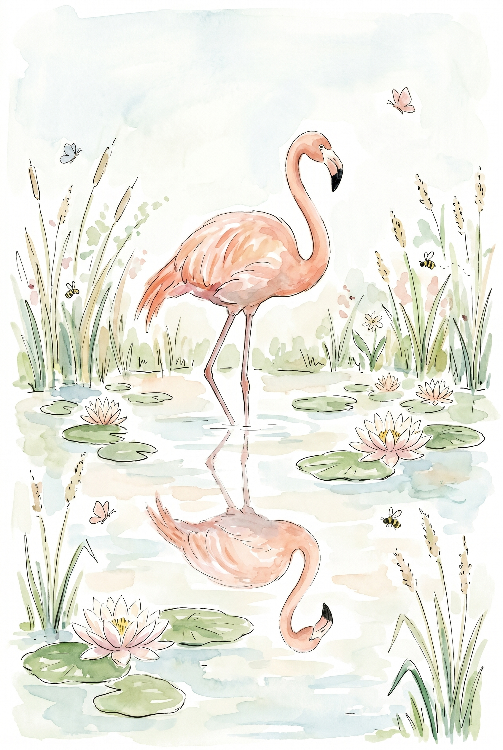 Water Lily Pink Flamingo Wall Art - Serene Flamingo Pond