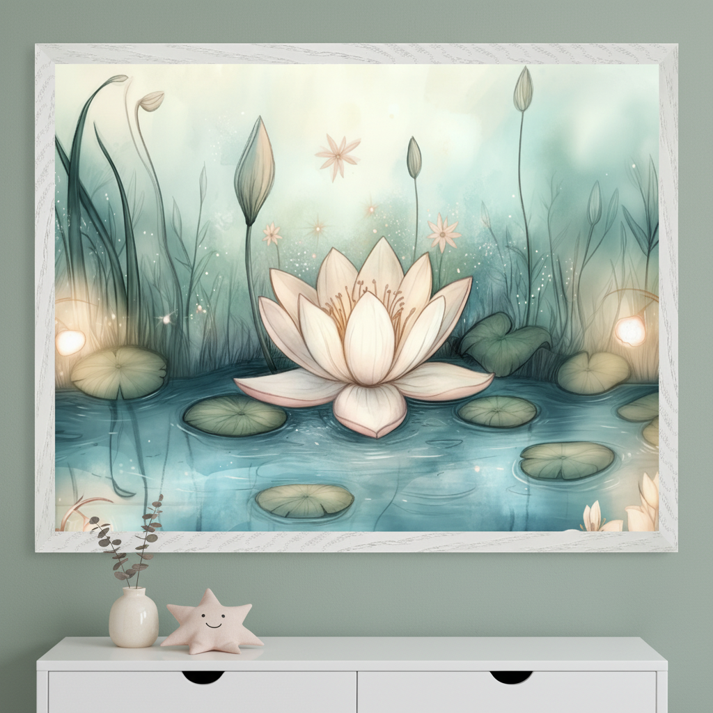 Modern nursery with a white dresser against a light green wall. A large framed watercolor-style painting of a white water lily pond with lily pads, reeds, and glowing elements hangs centered above the dresser.