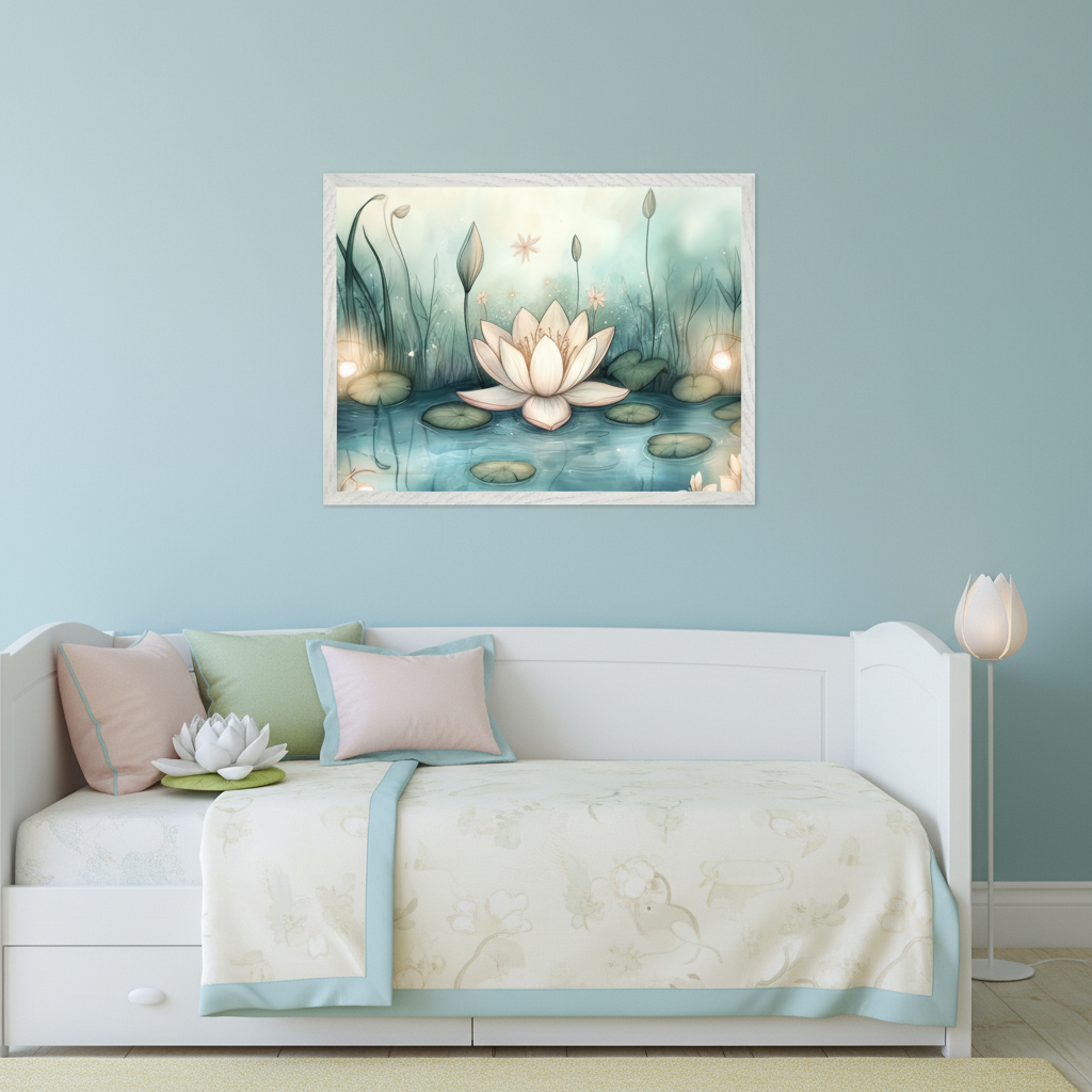 Serene bedroom with a white daybed. A framed watercolor-style print of a white lotus flower in a pond with lily pads, surrounded by tall grass and glowing lights, hangs centered above the daybed on a light blue wall.