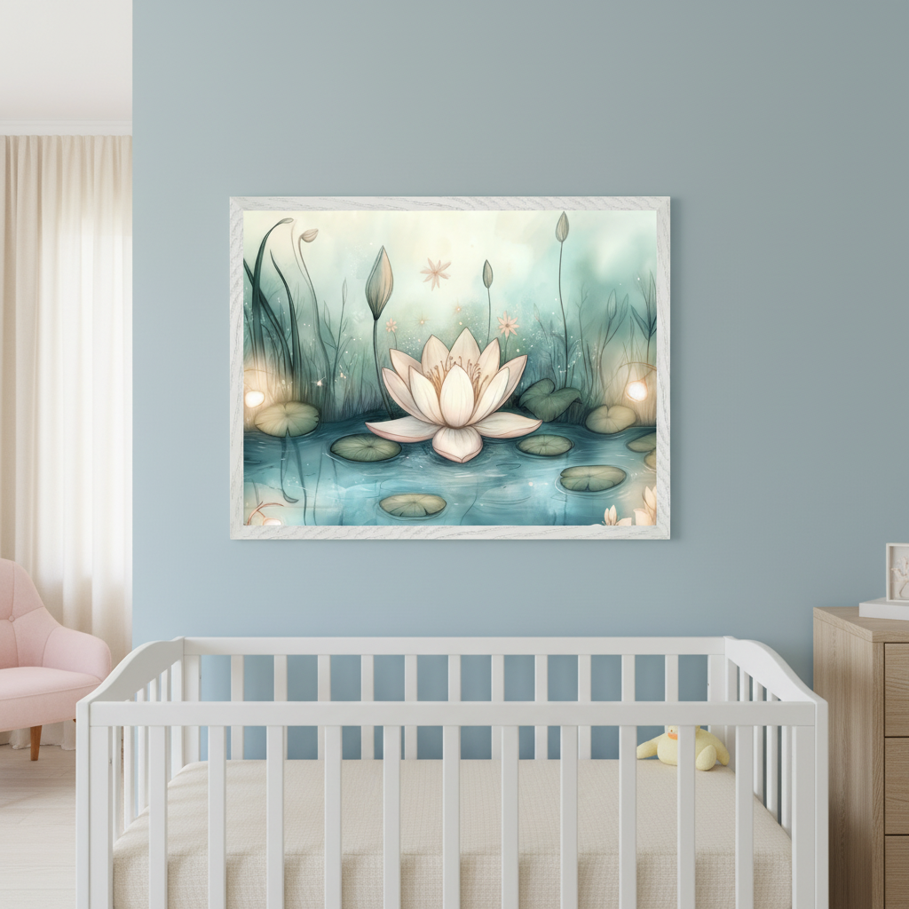 Modern nursery with a white crib in the foreground, a pink armchair, and a wooden dresser. A large framed watercolor painting of a glowing water lily in a pond with lily pads and reeds hangs on the light blue wall, centered above the crib.