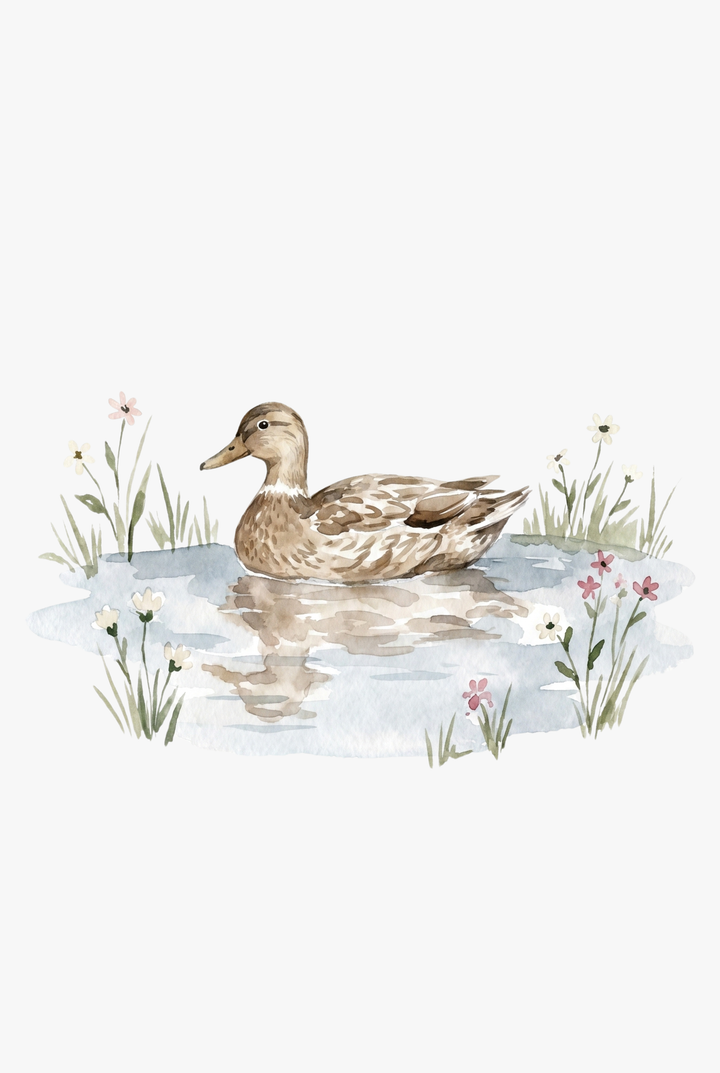 Watercolor water reflection mallard duck wall art with a brown duck swimming in a pond surrounded by flowers.
